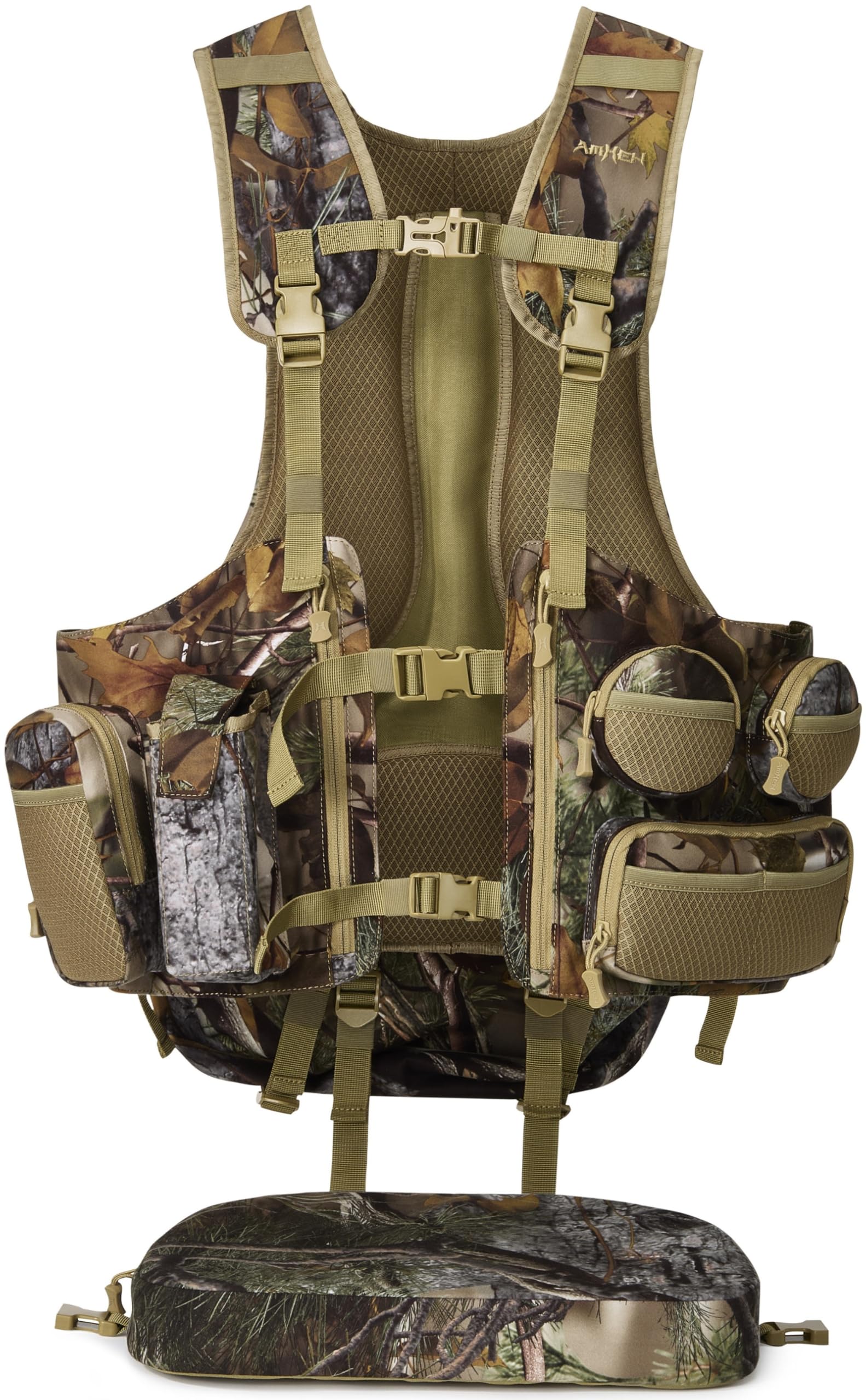 AMHEH Turkey Vest for Hunting with Magnetic Seat Cushion Silent Anti Glare Adjustable Fit Most Men's Body (Forest Camo)