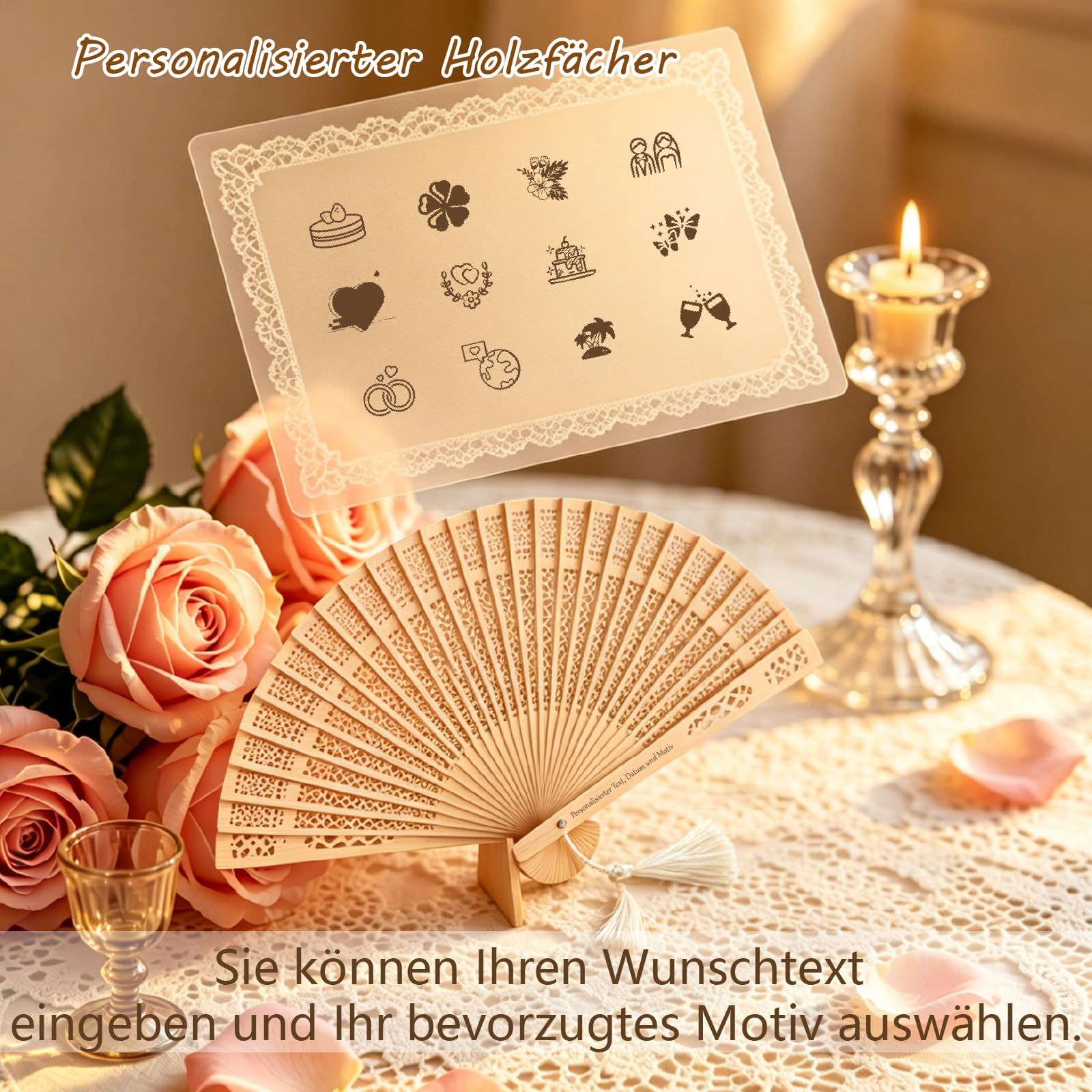 Fächer für Hochzeitsgäste Personalisiert für Gastgeschenke | Texte Personalisés, Bois, Souvenir, Éventails Pliables avec Sacs en Organza, Cadeau Invité Mariage pour Fêtes