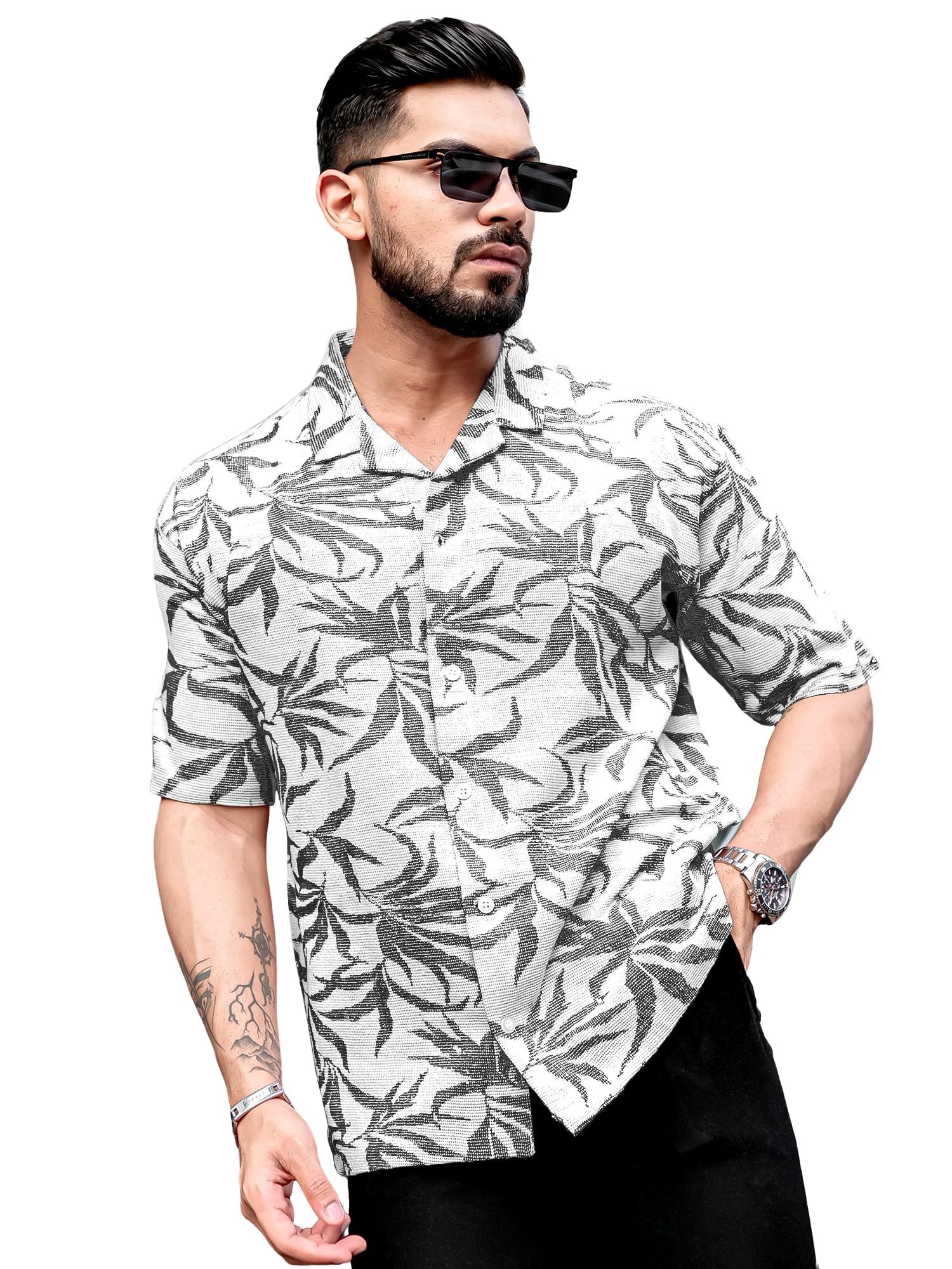 Maniac Mens Floral Collared Neck Half Sleeve Black Tweed Fabric
