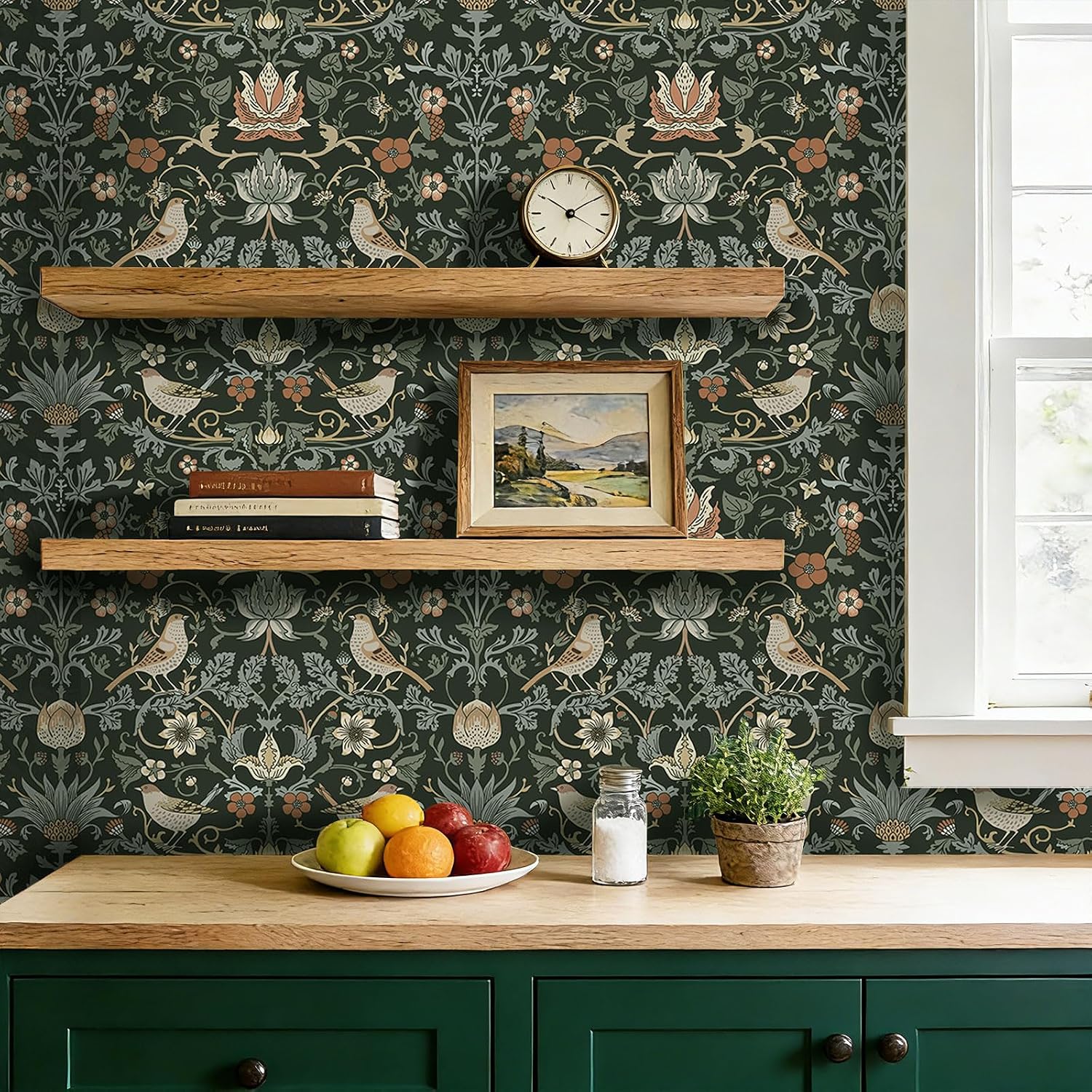 ICOOP Vintage Peel and Stick Wallpaper Green William Morris Wallpaper 17.5"x276" Victorian Botanical Contact Paper for Cabinets and Drawers Floral Bird Leaf Art Deco Vintage Wall Paper for Bedroom