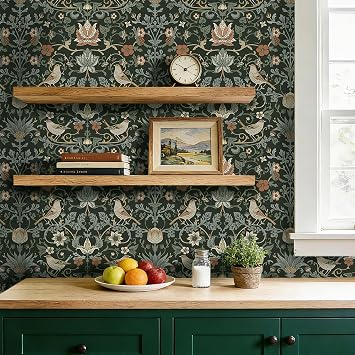 ICOOP William Morris Wallpaper Dark Green Peel and Stick Wallpaper Vintage Victorian Charcoal Forest Green Contact Paper for Shelves Garden Bird Botanical Floral Wall Paper for Bathroom 17.5"x80"