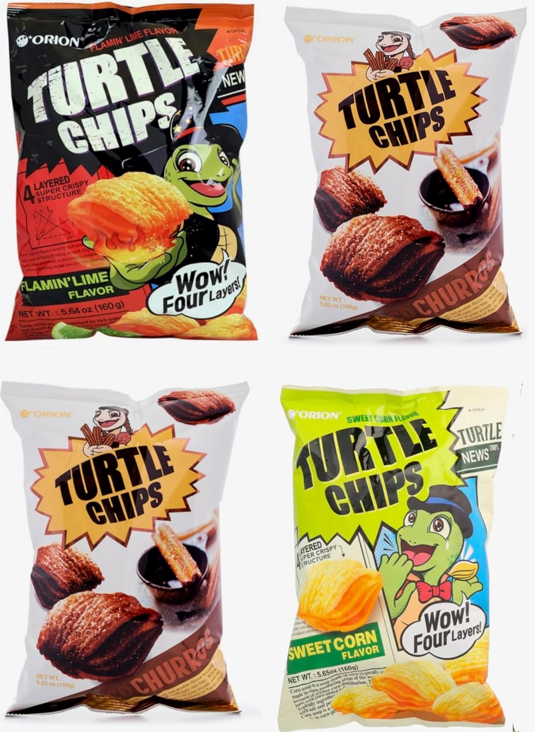 [Combo of 4 Big Packs] Orion Turtle Chips, Flaming Lime/Choco Churros (2) / Sweet corn Flavor, Super Crunch, 5.64 oz