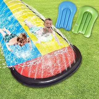 16ft Double Slip Slides, Heavy Duty Lawn Water Slide for Kids Adults with Sprinkler and 2 Inflatable Boards， for Backyard Yard Lawn Outdoor Summer Water Fun
