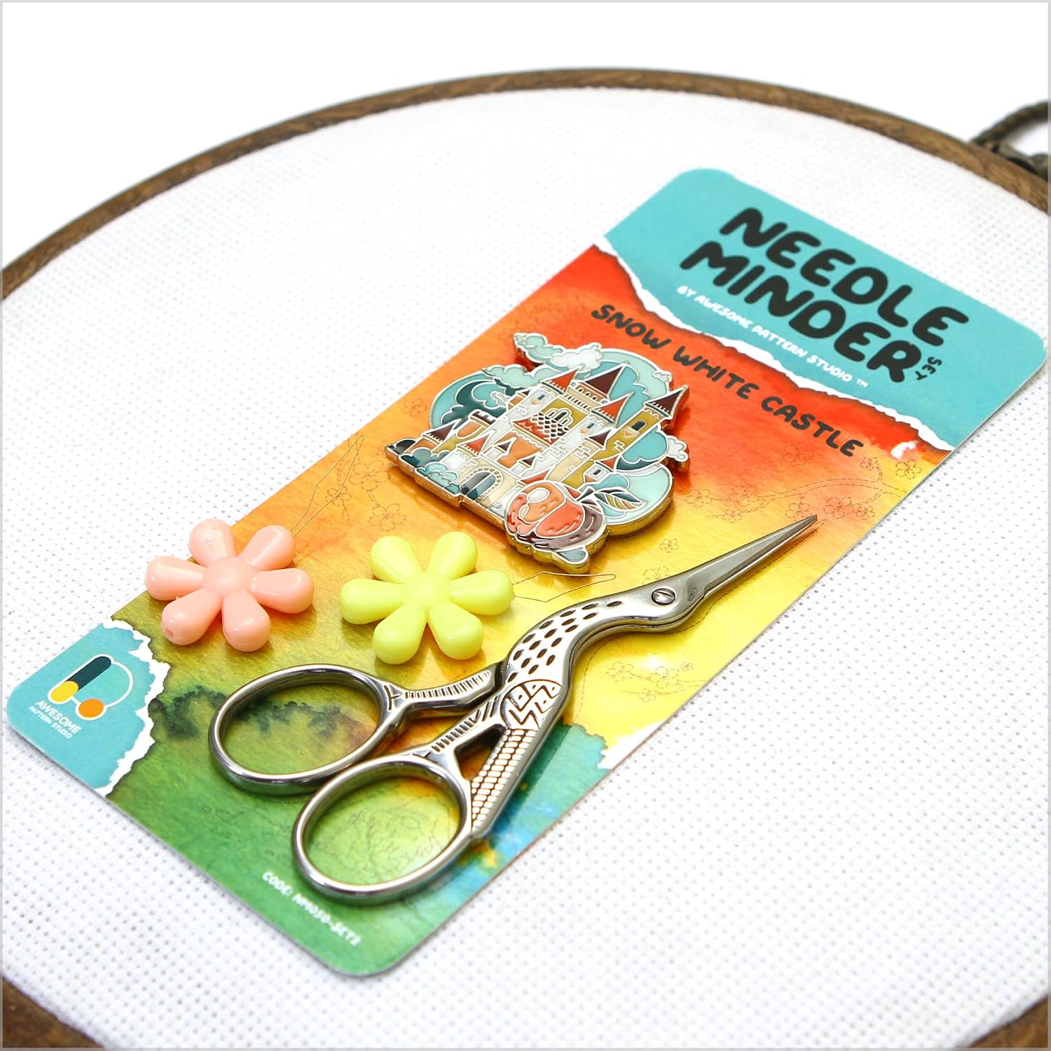 Awesome Pattern Studio Needle Minder Set - Snow White Castle Magnetic Needle Minder + 2 Needle Threaders + Crane Scissors. Enamel Pin for Cross Stitch, Embroidery and Craft