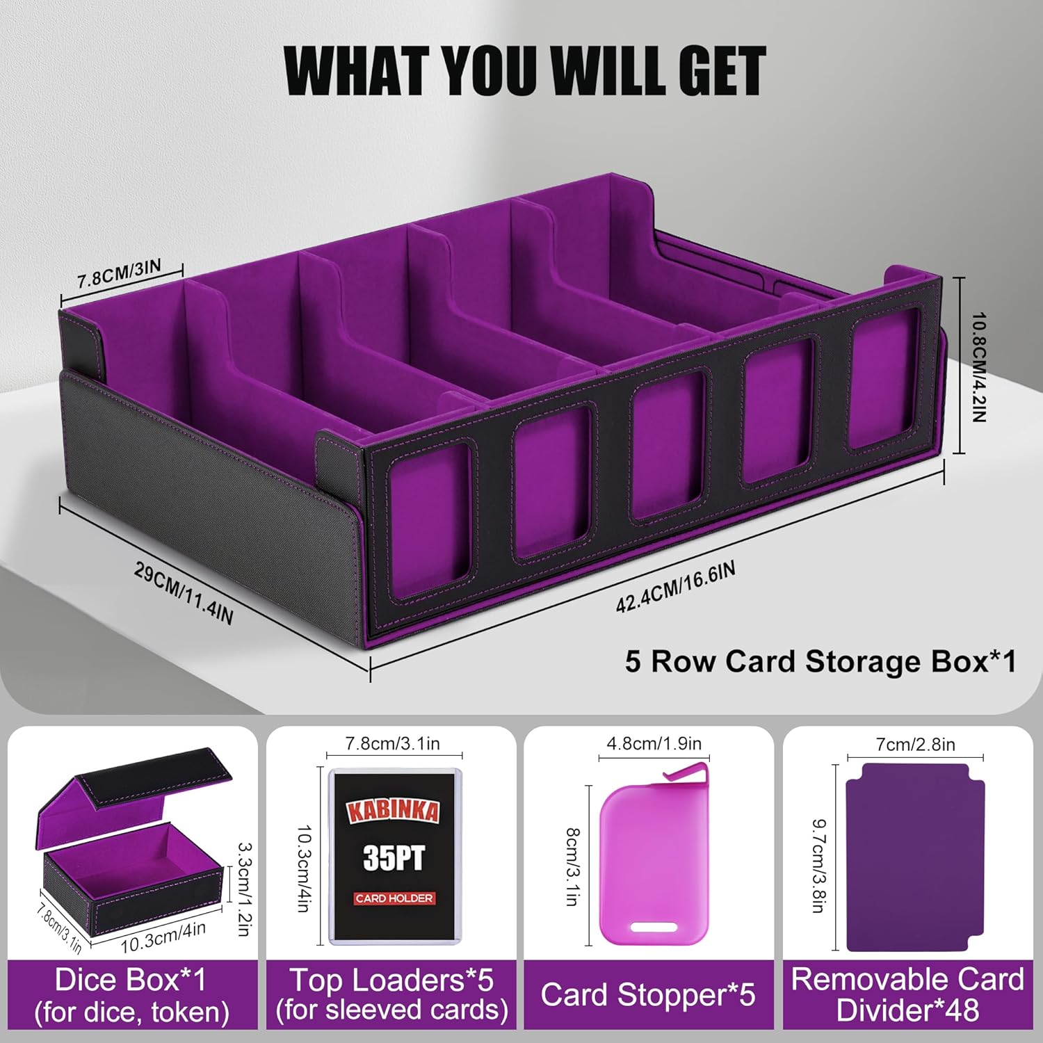 Trading Card Storage Box with Commander Display , 5-Row Deck Case with Removable Lid; 3900+ Card Deck Box for MTG TCG Sports Card, 5 Top Loaders, 5 Stoppers, 48 Dividers,1 Dice Tray (Black Purple)