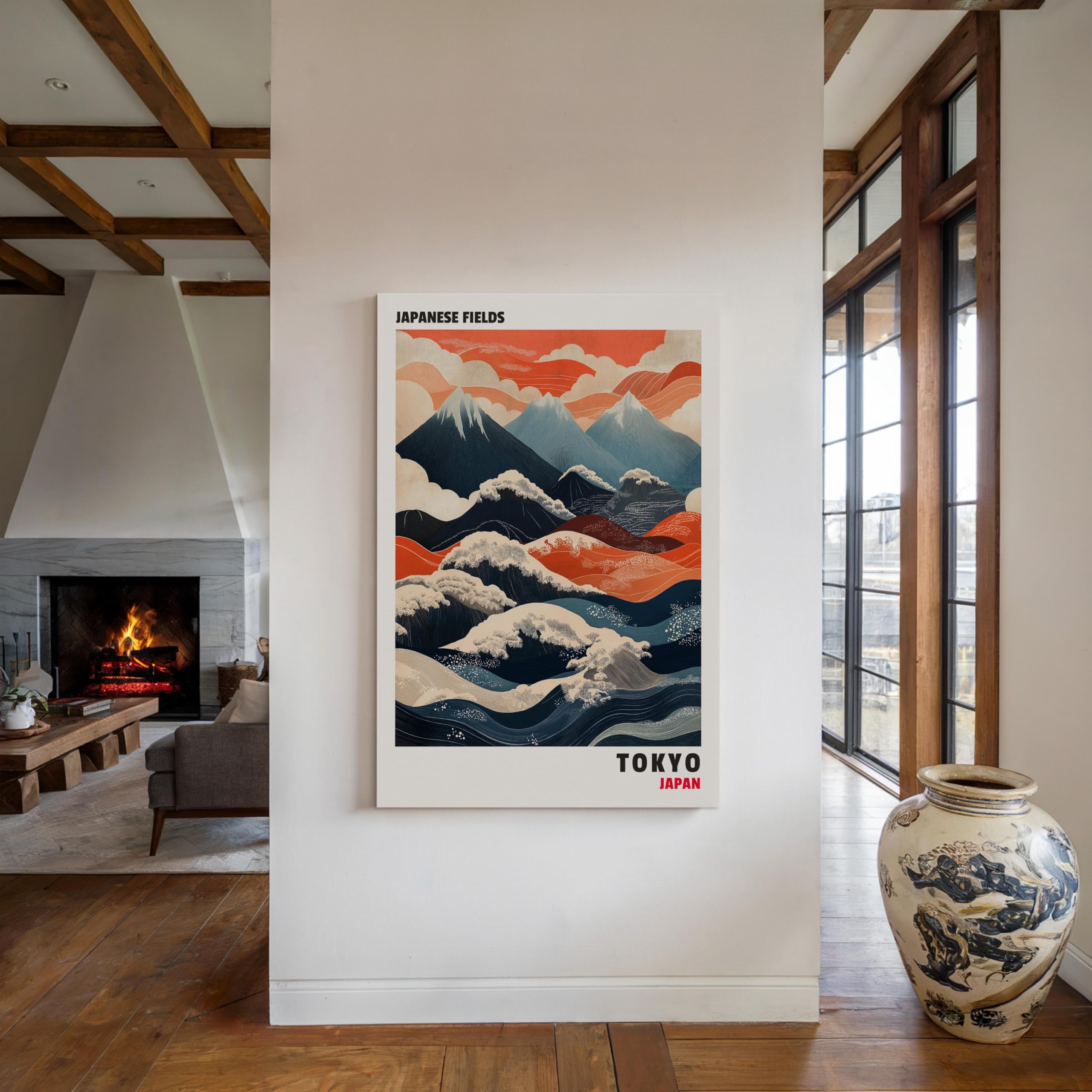 LMYCHENG Obrazy krajobrazu na płótnie - japońskie czerwone i niebieskie góry plakaty i druki, malarstwo w stylu Ukiyo (70 x 100 cm / bez ramki)