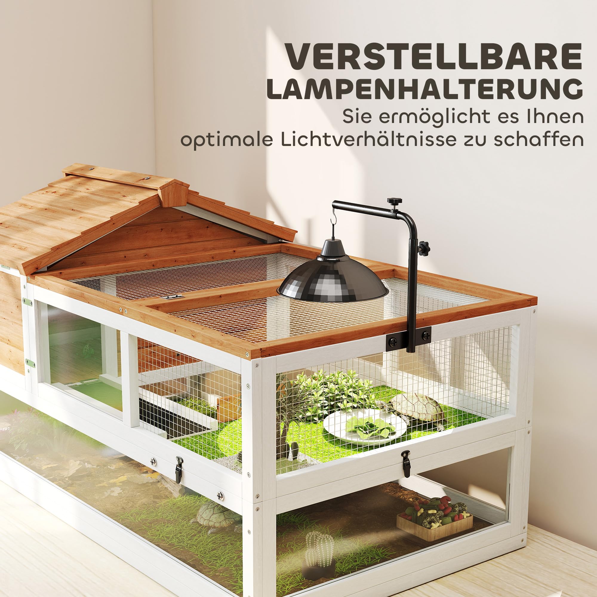 PawHut Schildkrötenhaus aus Holz Schildkrötengehege mit Zwei Haupthäusern aufklappbarem Oberseite Lampenhalter, Outdoor Reptilienkäfig Terrarium für Schildkröten Reptilien 116 x 70,5 x 69,5cm Orange
