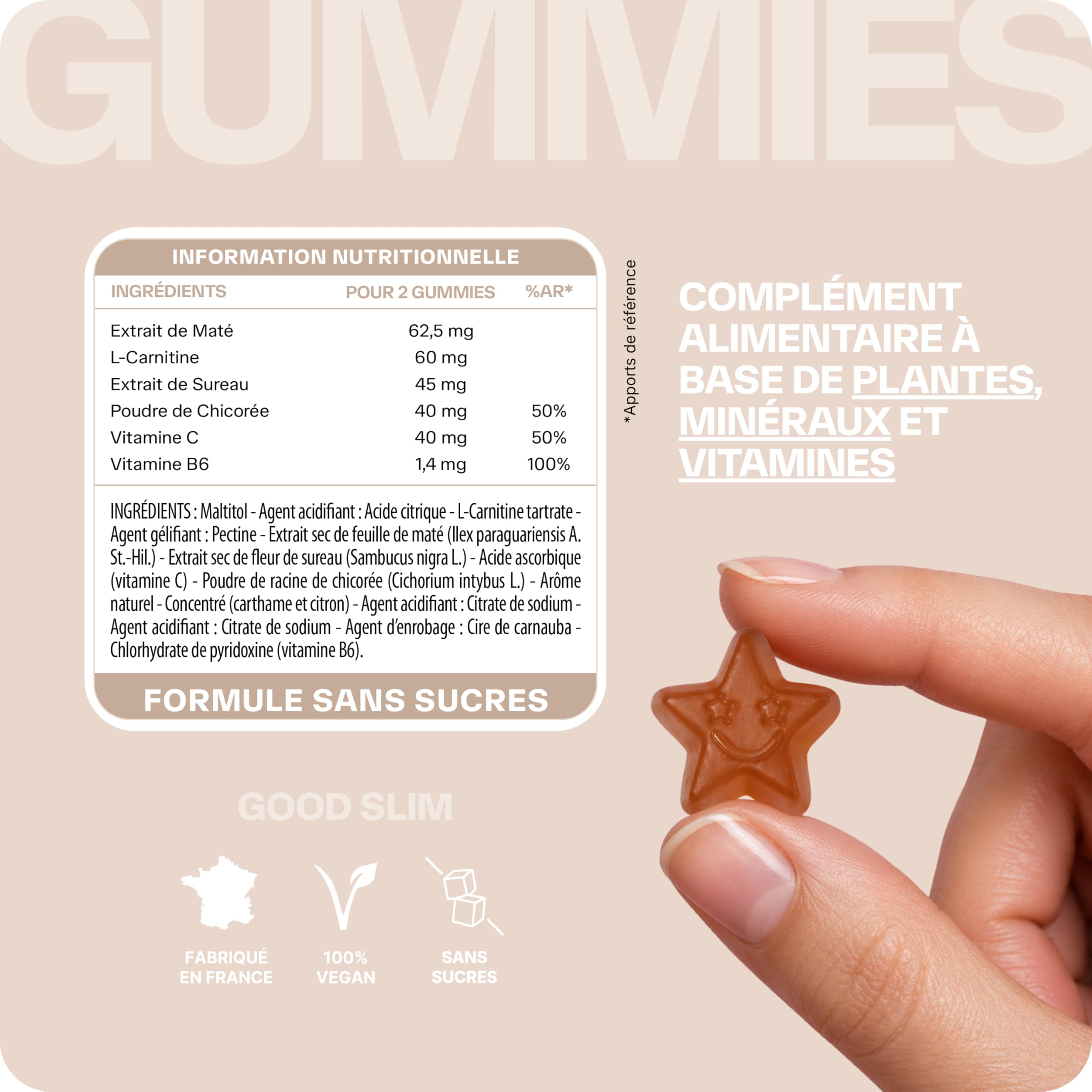 Lashilé Beauty - Gummies Contrôle et perte de poids - Perte du poids Puissant & Silhouette - Good Slim - Complément alimentaire Minceur - L-Carnitine Maté Vit C & B6 - Cure 1 Mois 60 Gummies