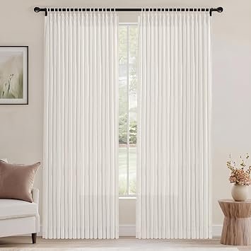 Hiasan Pinch Pleated Curtains 84 Inches Long 2 Panel for Living Room Bedroom Sheer Light Filtering Linen Pleated Curtains Farmhouse Thick Linen Darpes with Hooks & Tiebacks, Cream Beige