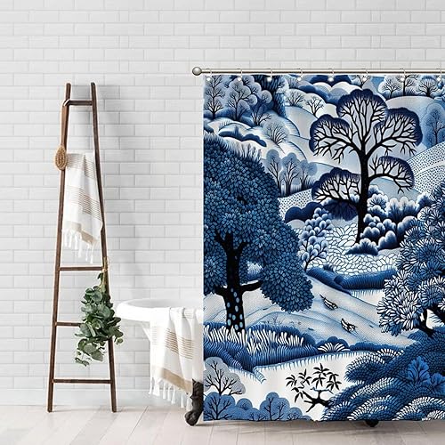 Miniatura 51 de Cortinas de ducha de baño con ganchos, 72 x 92 pulgadas, cortina de ducha de tela impermeable con diseño de flores y pájaros, cortina de ducha