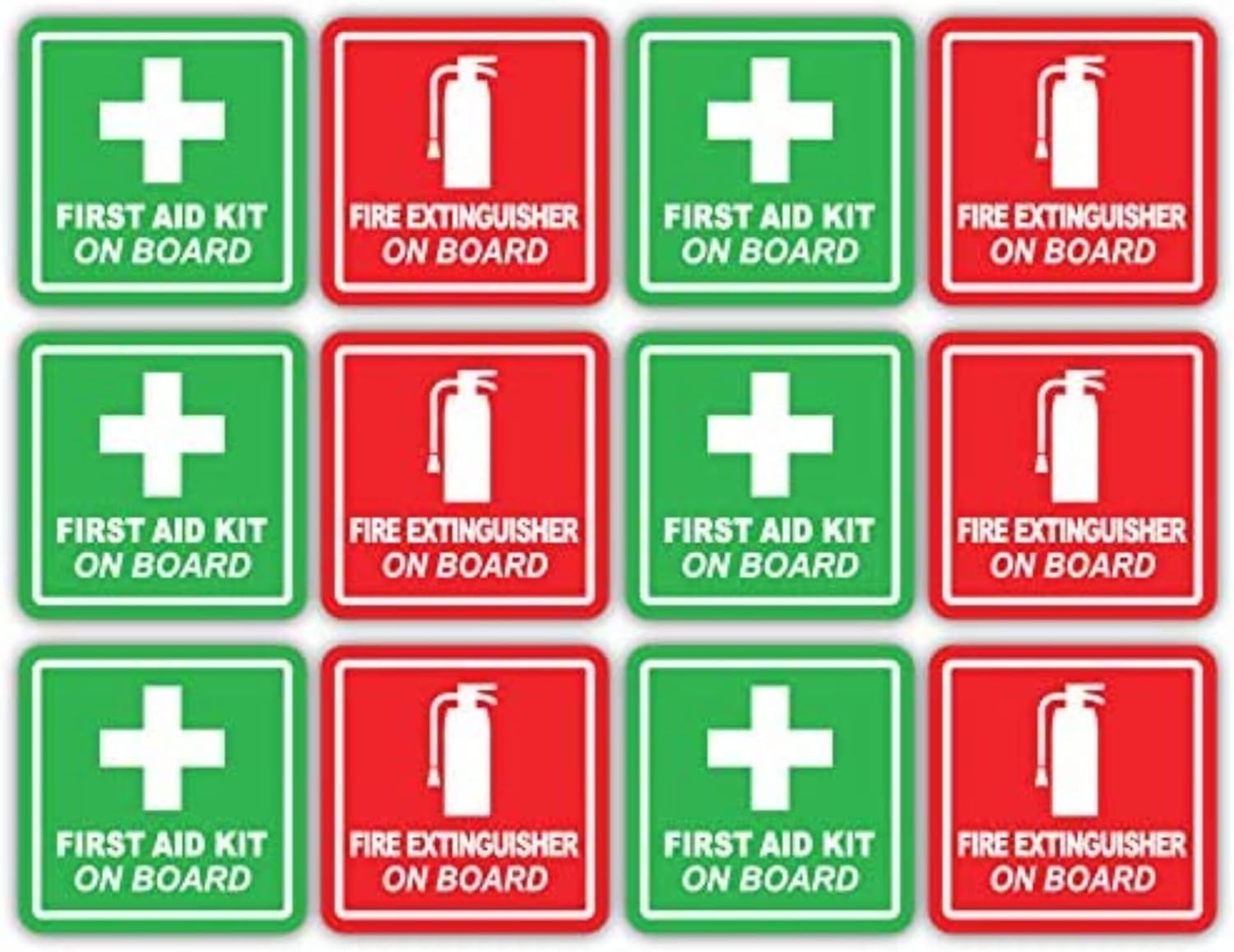 (x6 of Each) 3M Reflective Red Fire Extinguisher and Green First Aid Kit On Board Industrial Safety Training Decals (2 inch x 2 inch)