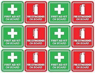 (x6 of Each) 3M Reflective Red Fire Extinguisher and Green First Aid Kit On Board Industrial Safety Training Decals (1 inch x 1 inch)