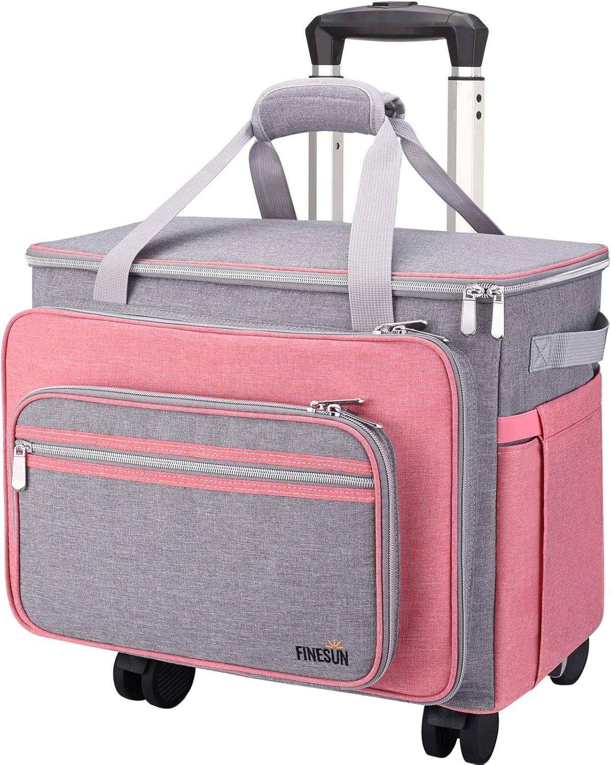 FINESUN Sewing Machine Case with Wheels, Foldable Deluxe Rolling Sewing Machine Case for Brother, Singer, Janome and Most Machines,Pink-Grey