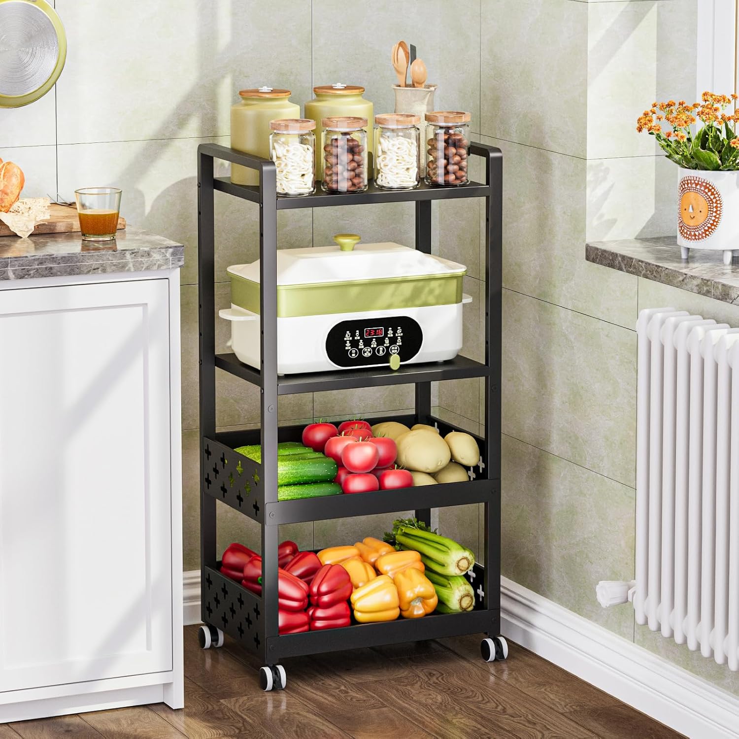Kitchen Rolling Cart,4 Tier Mobile Utility Snack Cart with Adjustable Shelf, Fruit and Vegetable Storage on Wheels for Kitchen, Bathroom, Office,Coffee Bar Black