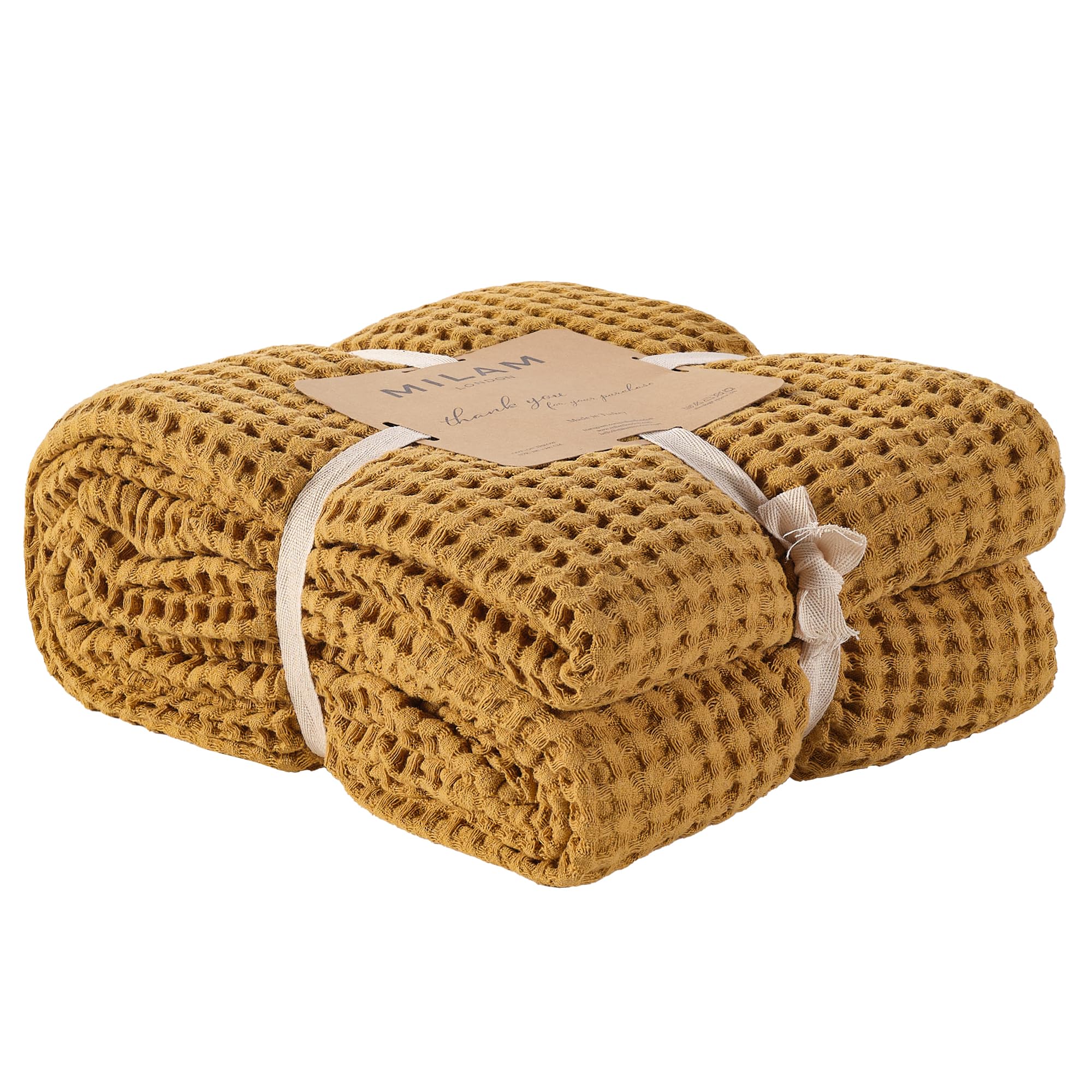 Milam London Bed Throw Double Size | Sofa Throws Large 2 Seater | Soft Bedspreads Double Size | 100% Cotton Blanket For Bed, Settee, Couch | 180 x 240 cm - Mustard
