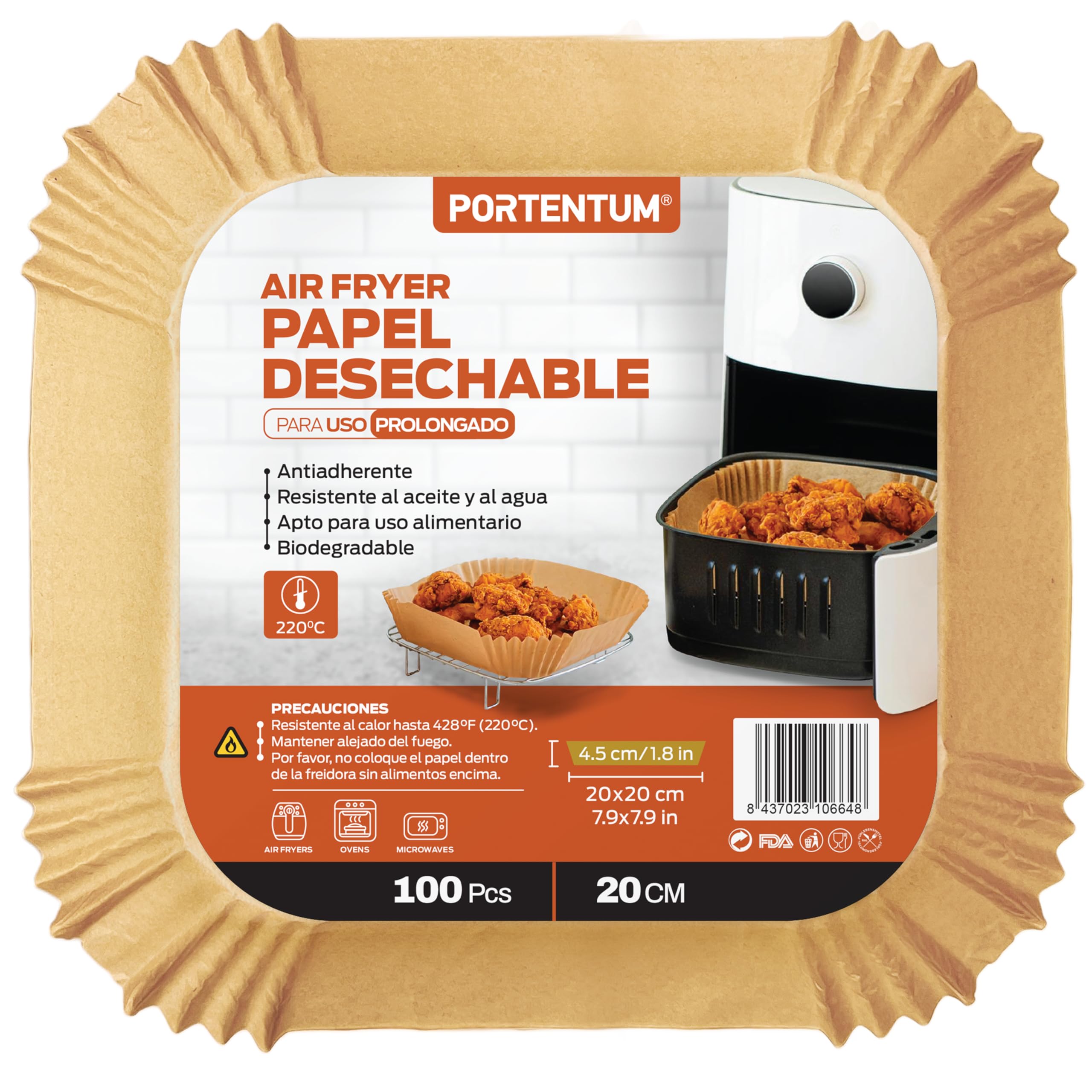 PORTENTUM Papel freidora aire 100 unidades de 20-24 cm Cuadrado. Papel Air Fryer Grado alimenticio BPA free, FDA y LFGB Certificado ClimatePartner