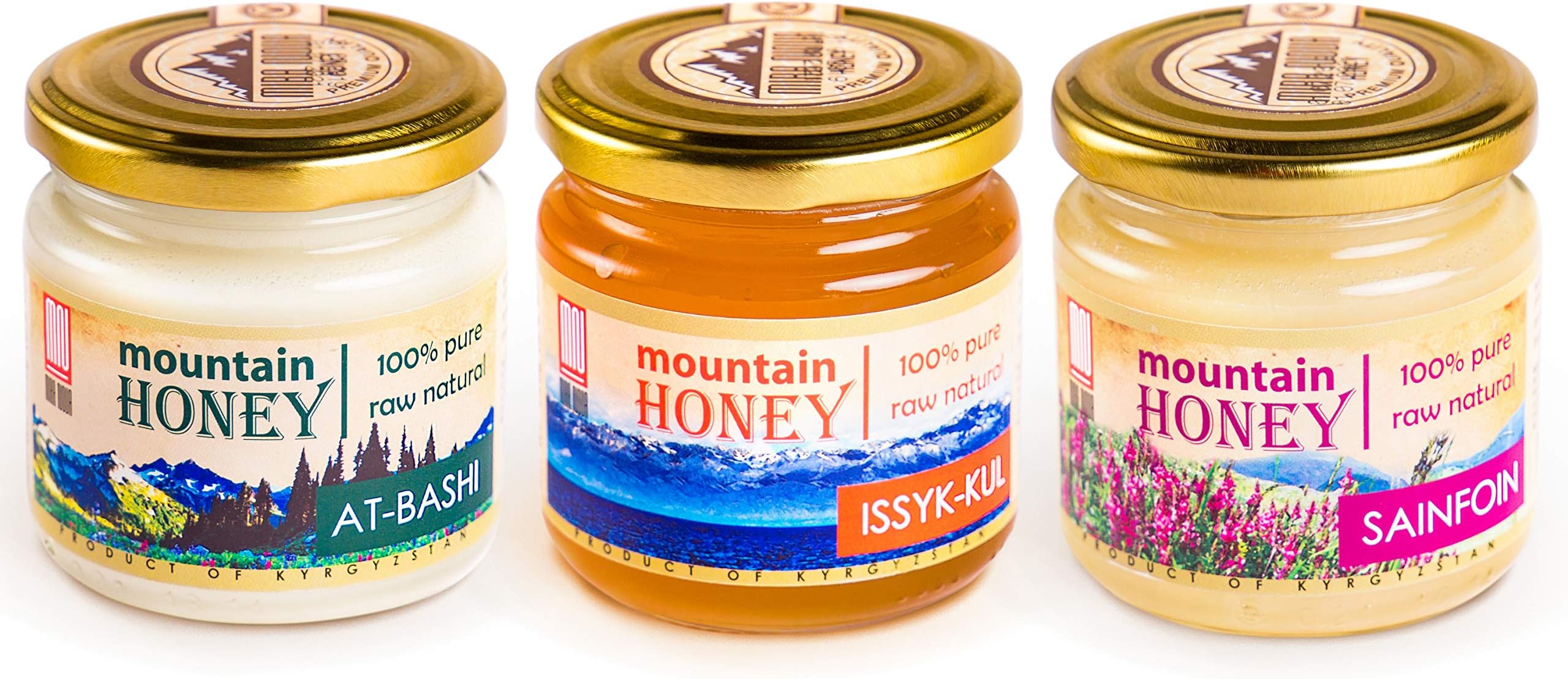 Pure Organic Raw Honey (3-PACK) Natural Wildflower Mountain Honey from Central Asia - Unheated & Unfiltered - Includes: At-Bashi, Issyk-Kul, Sainfoin (8.8oz) – by Mira Nova