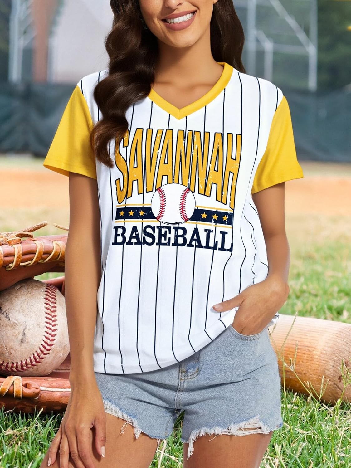 Baseball Jersey Women Baseball Player T Shirt Game Day Fan Graphic Tee Funny Stripe Jersey V Neck Short Sleeve Tops - Image 2