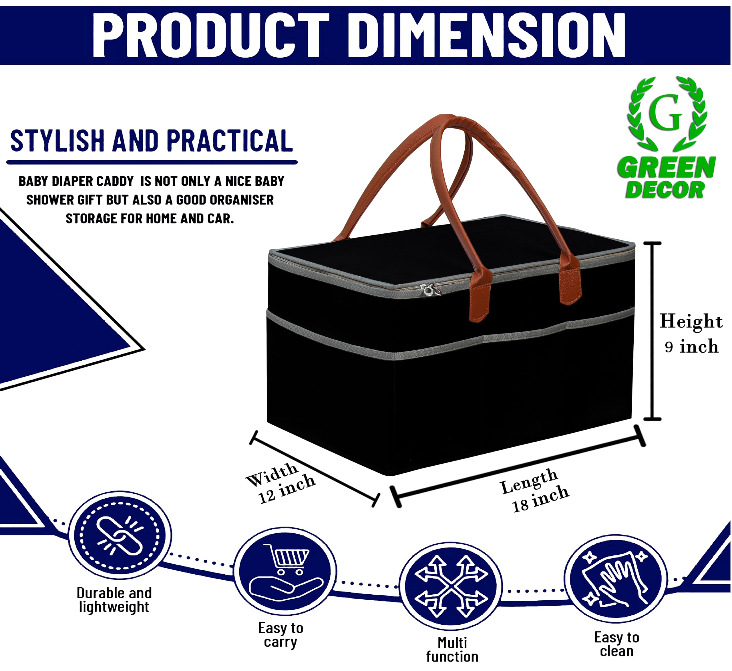 GREEN DECOR -400 GSM Non Woven Fabric Cute Diaper Caddy Bag with Handles & Zip Lock for Smart Mothers Baby Diaper Caddy Wipes Felt Storage Organizers,Foldable and Portable(Black - 18X12X9 Inch) - Image 2 thumbnail