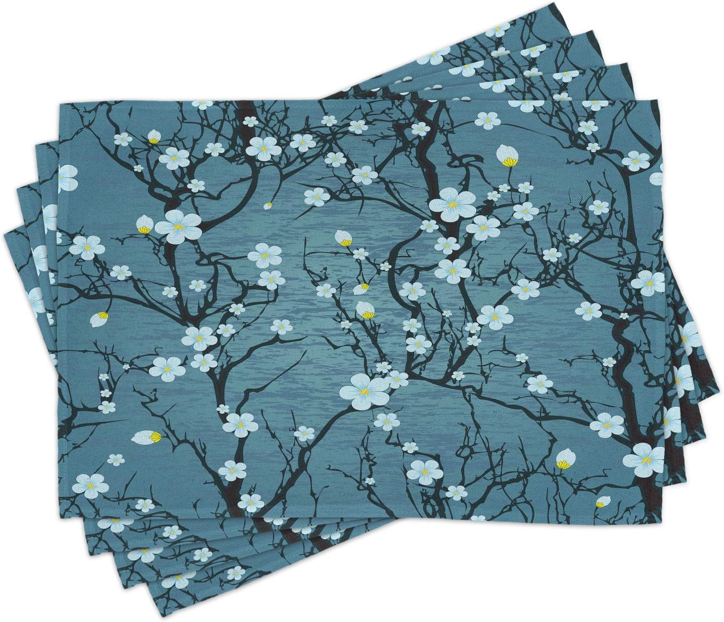 Lunarable Floral Place Mats Set of 4, Sakura Tree Branches Pale Japanese Cherry Blossom Spring Form, Washable Fabric Placemats for Dining Room Kitchen Table Decor, Slate Blue Pale Blue Black