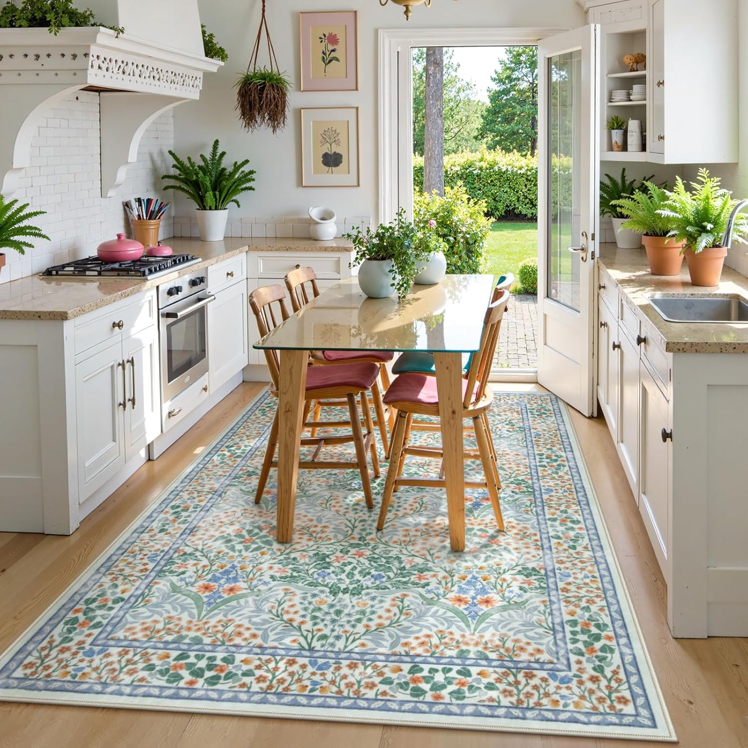 Lahome Floral Washable Area Rugs 5x7, Soft Green Rugs for Living Room Bedroom, Boho Non Slip Low Pile Forest Stain Resistance Large Throw Carpet for Farmhouse Dining Room Nursery, Green - Image 2