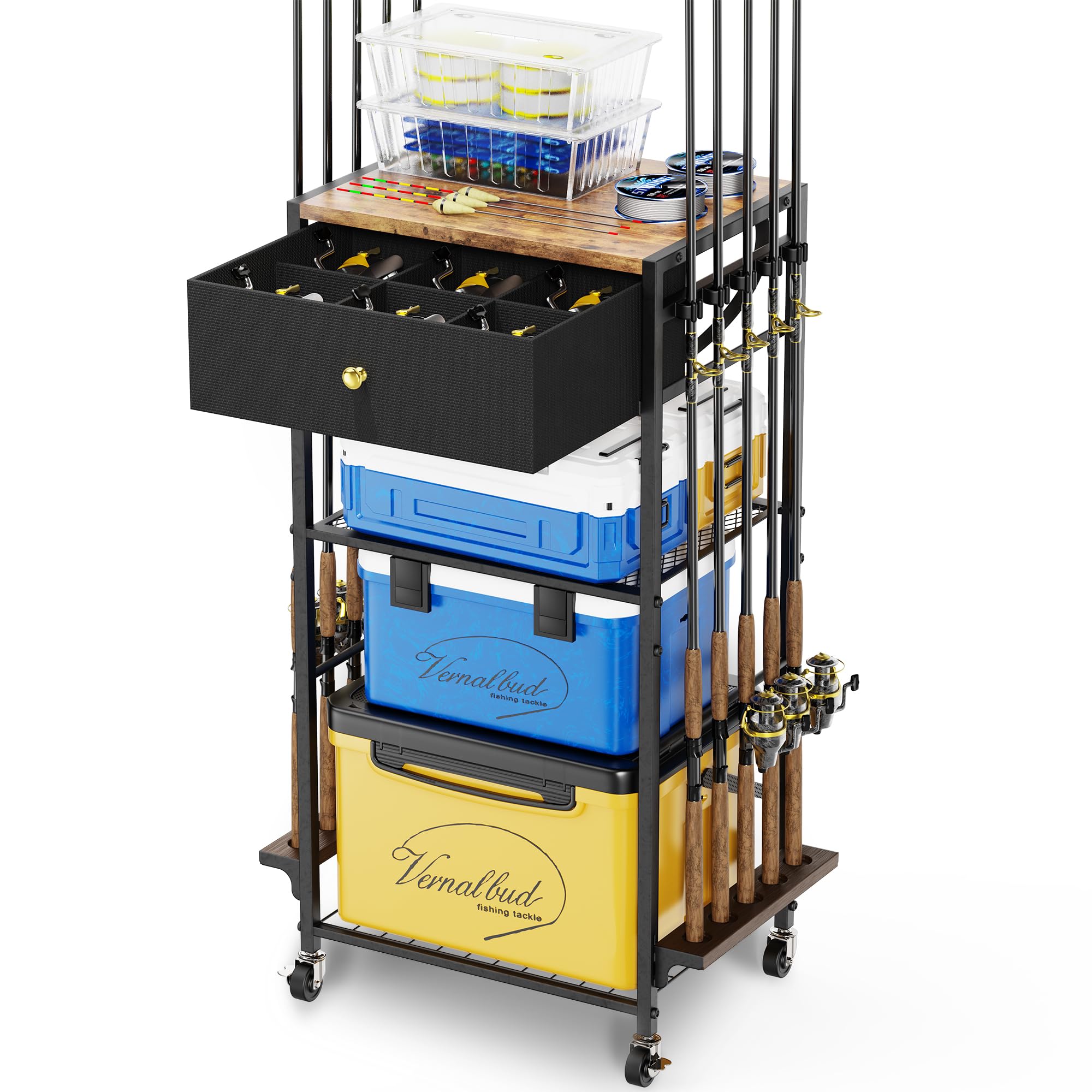 Fishing Rod Holders for Garage Holds Up To 10 Rods, 360 Degree Rotating Fishing Pole Holder, Tackle Storage Cart Fishing Gear and Equipment Organizers, Fishing Gifts for Men Women (Black)