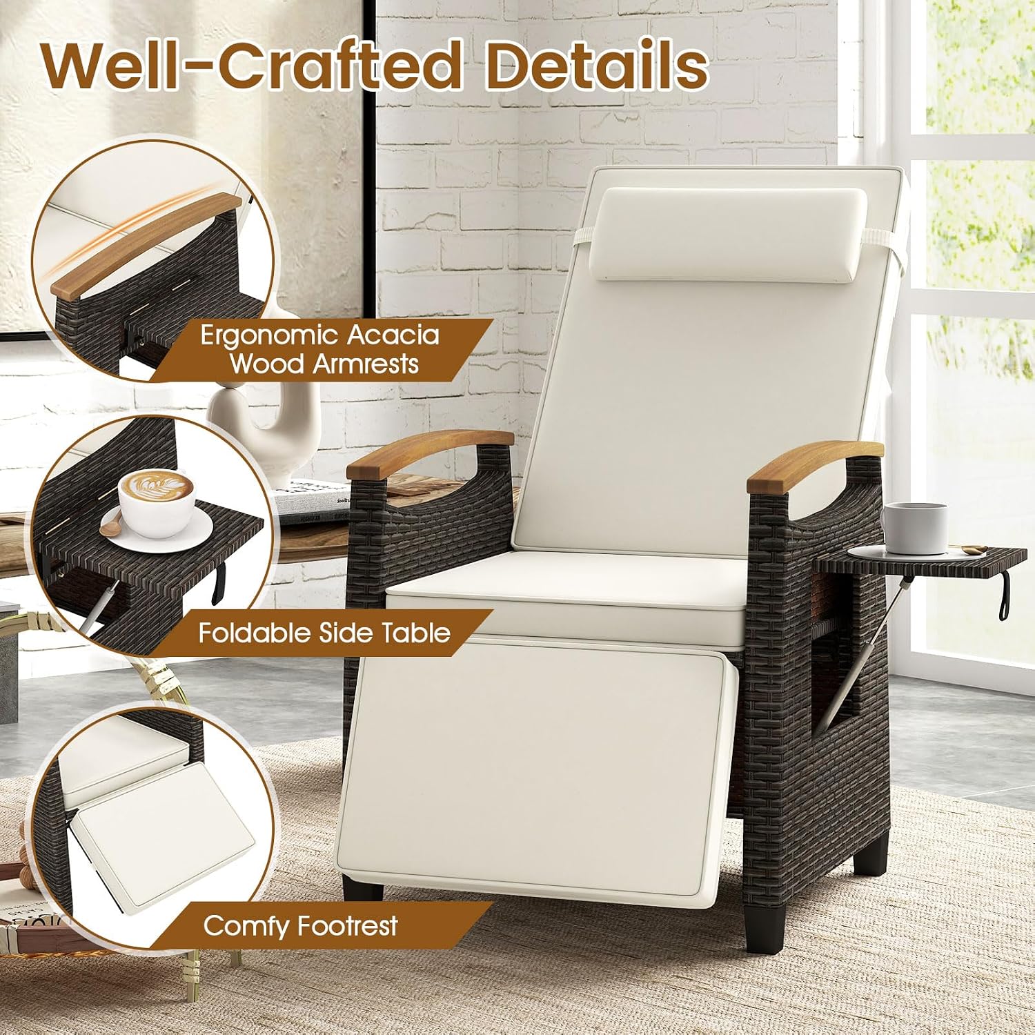 HAPPYGRILL Outdoor Rattan Wicker Chaise Lounge Recliner Chair with Adjustable Backrest & Footrest, Push Back Outside Seat w/Cushion & Flip Table for Backyard, Porch, Balcony (Off White,1)