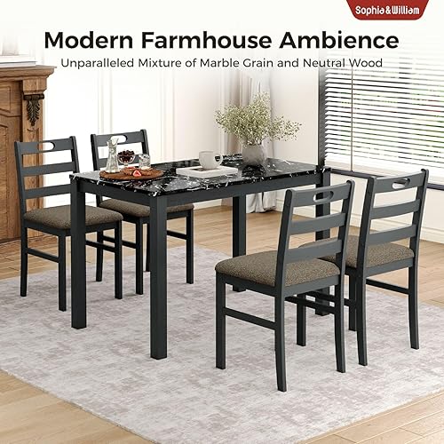 Miniatura 2 de Sophia & William 5 Piece Dining Table Set for 4, Faux Marble Kitchen Table and Chairs Set, Solid Wood Farmhouse Dinner Table Set,Veined Black Marble
