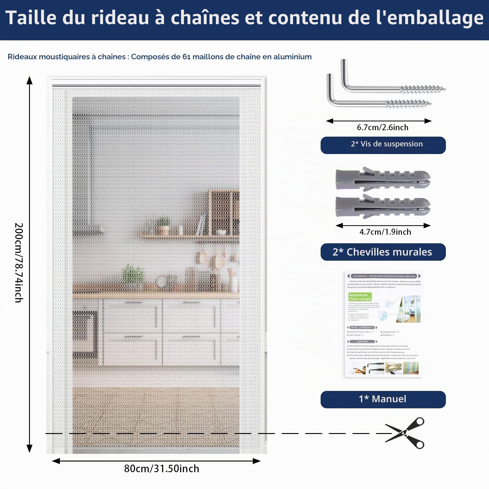 Chaînes de moustiquaire pour portes - Argenté - 80 x 200 cm - Chaîne en aluminium - Moustiquaire en métal pour empêcher les mouches d'entrer