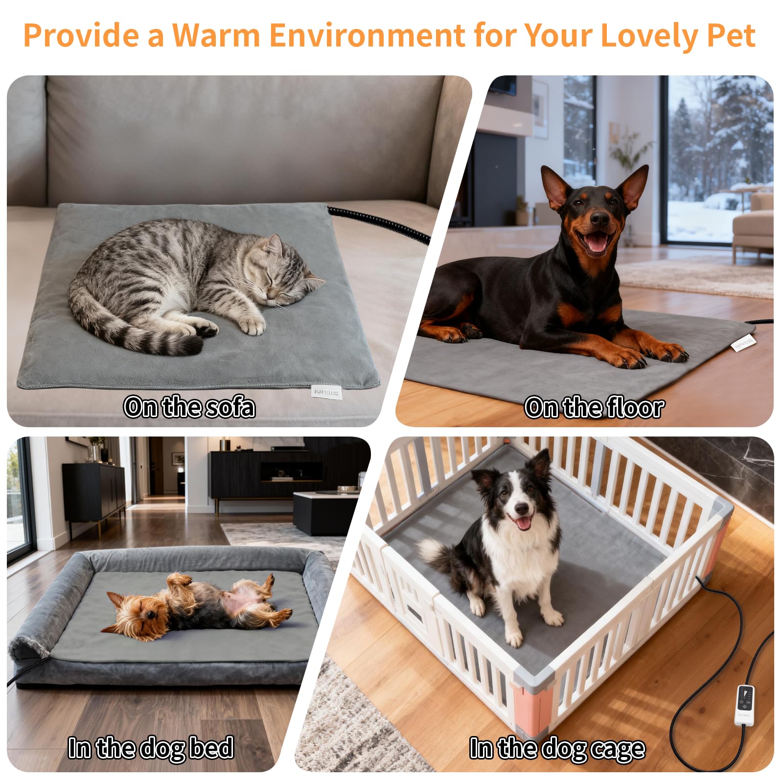 BECEMURU Cuscino riscaldante per animali domestici, 90 x 60 cm, 6 temperature regolabili e 4 timer regolabili, cuscino riscaldante elettrico regolabile con cavo avvolgitubo anti bite