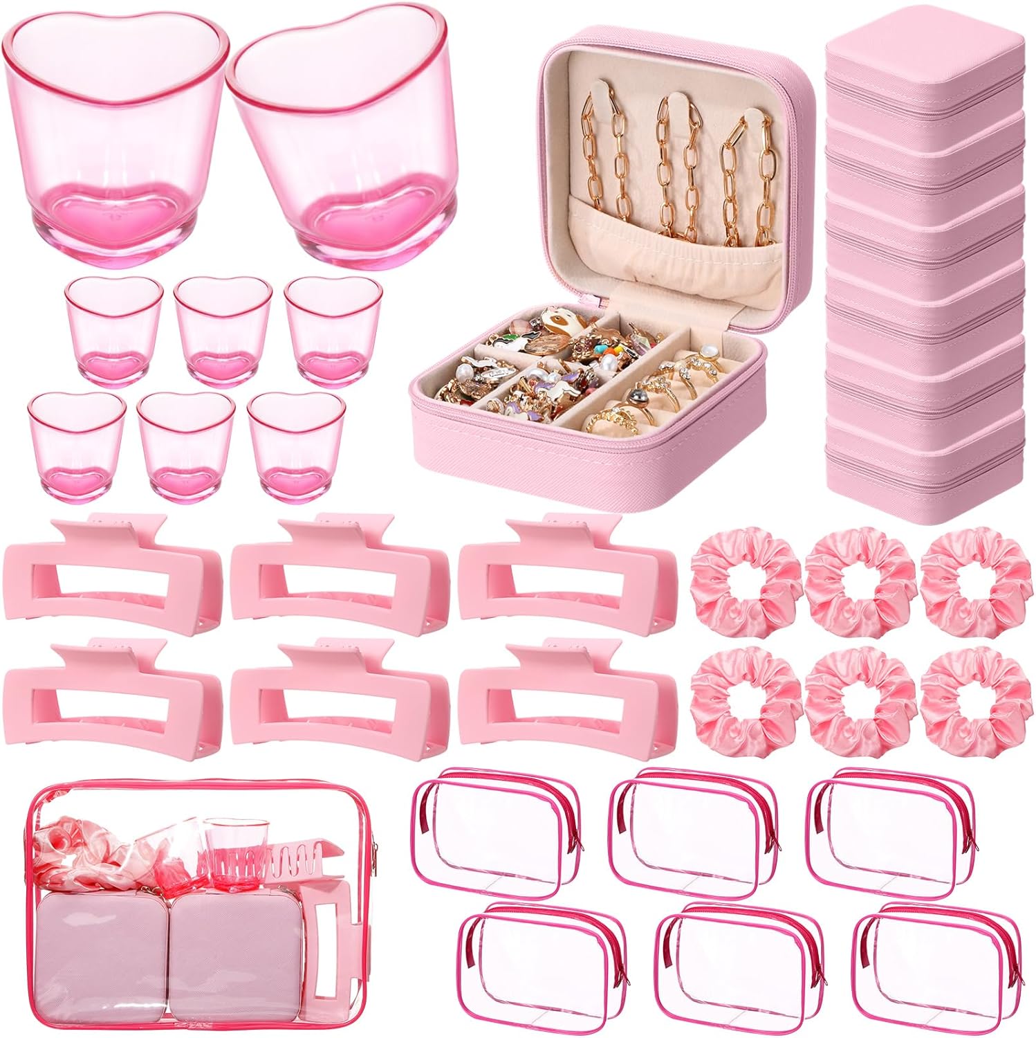 LemonRoad 30 Pcs Spa Party Favor Gift Set Bachelorette Trip Favor Sleepover Party Supplies 6 Jewelry Box, 6 Heart Shot Glasses, 6 Cosmetic Bags, 6 Scrunchies, 6 Hair Clips for Women Bestie Girls Night