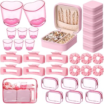 LemonRoad 30Pcs Sleepover Party Supplies Bachelorette Favor Girls Spa Birthday Jewelry Box, Shot Glasses, Cosmetic Bags, Scrunchies, Hair Clip Gift for Women Slumber Bridesmaid Wedding Bridal Shower