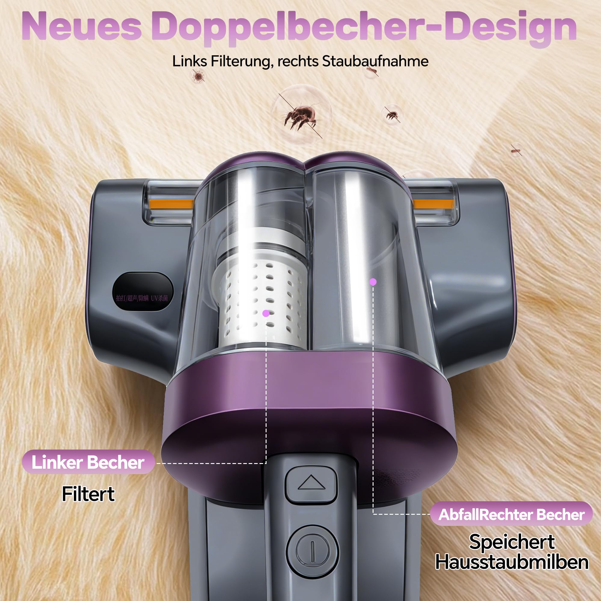 UV-C Milbensauger: Entfernt Milben & Allergene für Allergiker | 65℃ Heißluft, 3-in-1 Matratzensauger 400W, 16000Pa Saugkraft, 12.000 Schläge/min, 5m Kabel, 350ml Staubbecher