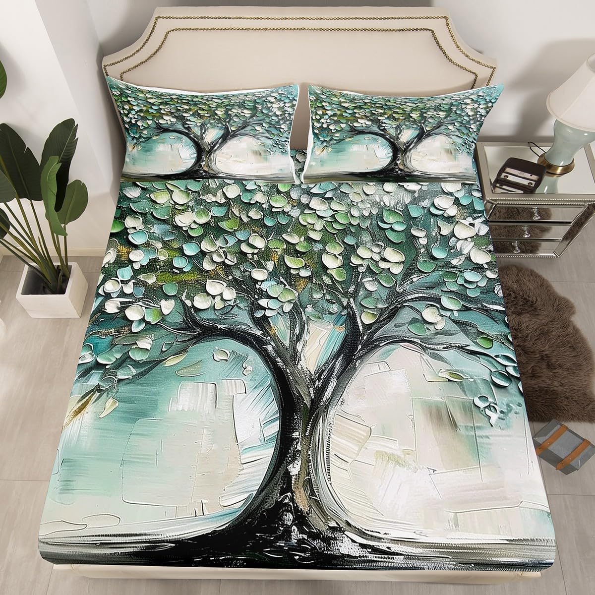 Erosebridal Hippie Tree of Life Bed Sheets Watercolor Oil Pinting Fitted Sheet Full Size, Turqoise Teal Brown Bedding Boho Brushstroke Sheet, Modern Graffiti Bed Cover
