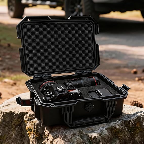 Shall Hard Protective Case L Size, Waterproof Dustproof Shockproof Flight Case with Custom Foam Insert, Pelican case for Camera Tool Electronics Instrument,Black, 13.78 x 11.42 x 5.91 inches