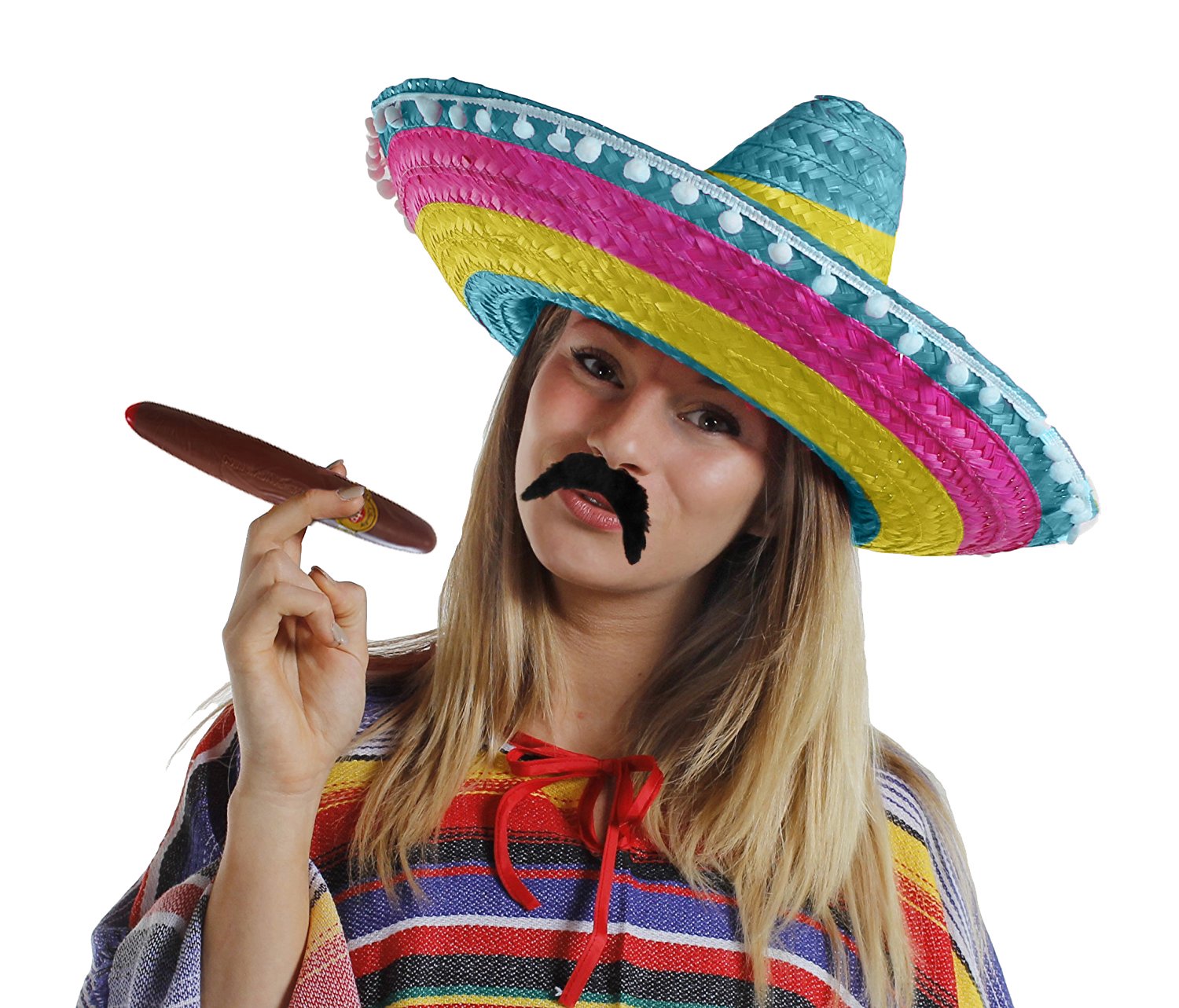 I LOVE FANCY DRESS LTD 6X MULTI-COLOURED MEXICAN SOMBRERO HATS PLUS 6X MOUSTACHE PLUS 6X FAKE JUMBO CIGAR STRAW