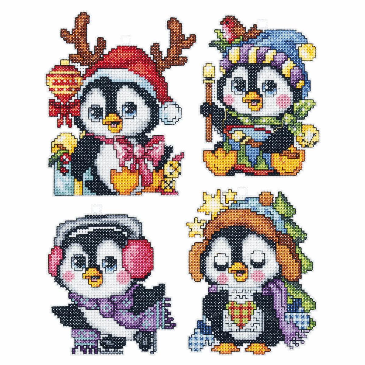 Plastic Canvas Penguin Christmas Ornaments, Set of 4 Cross Stitch Kit