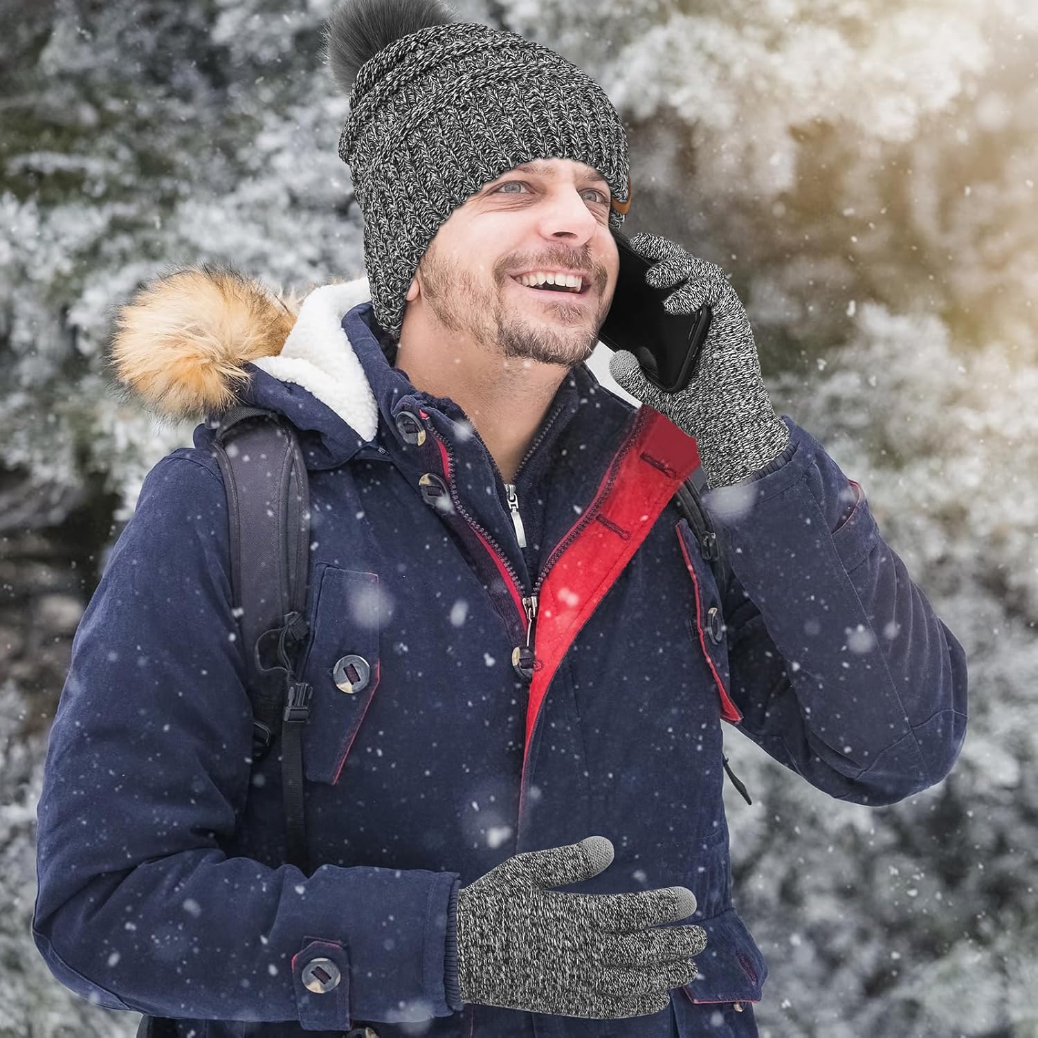 Aneco Womens Winter Warm Sets Knitted Fur Pompoms Beanie Hat Circle Loop Scarf Touch Screen Gloves Winter Favor Accessories - Image 5