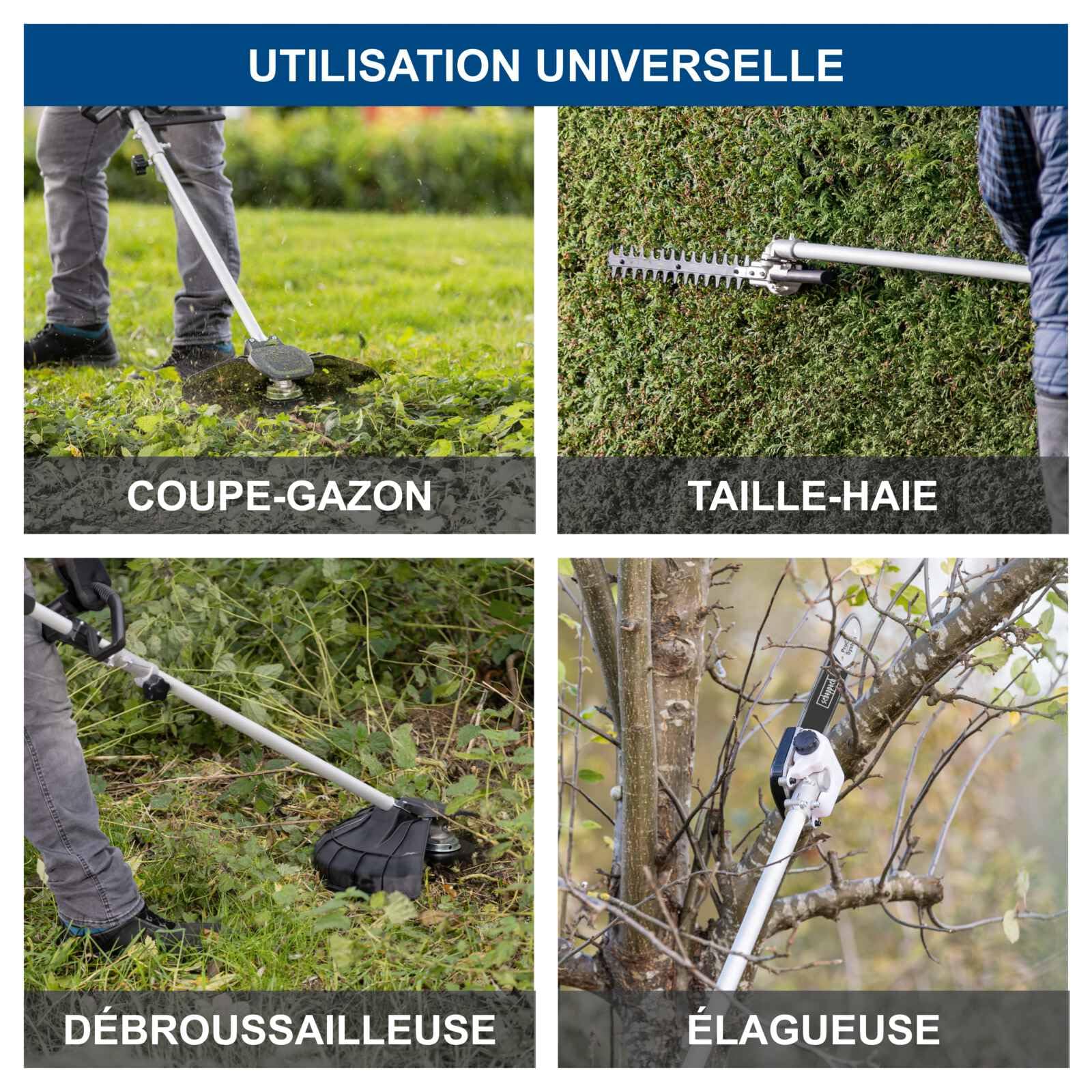 Scheppach Appareil multifonction 4 en 1 BC-MFH400-X 20V Brushless Multigarten, débroussailleuse, taille-haie, haute série 20V-IXES | avec batterie de 2 Ah et double chargeur