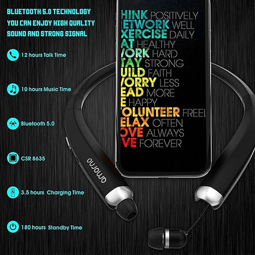 Miniatura 3 de AMORNO Auriculares Bluetooth plegables, auriculares deportivos inalámbricos con banda para el cuello con auriculares retráctiles, auriculares