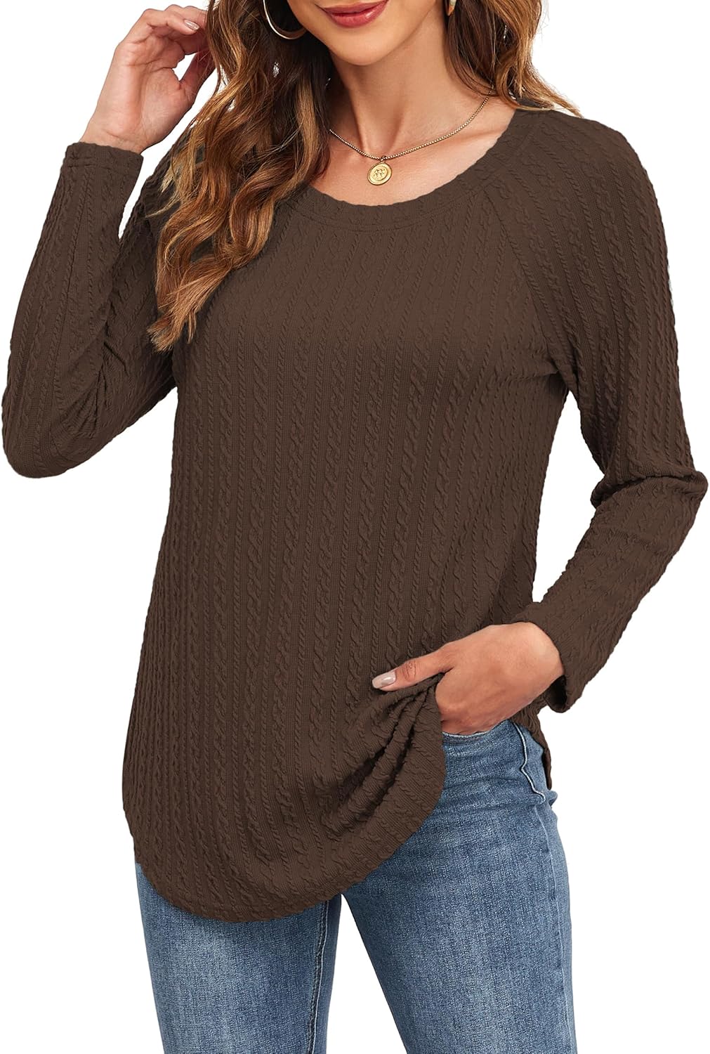 Long Sleeve Shirts Women Fall Fashion 2025 Lightweight Crewneck Twist Knit Tops - Image 2