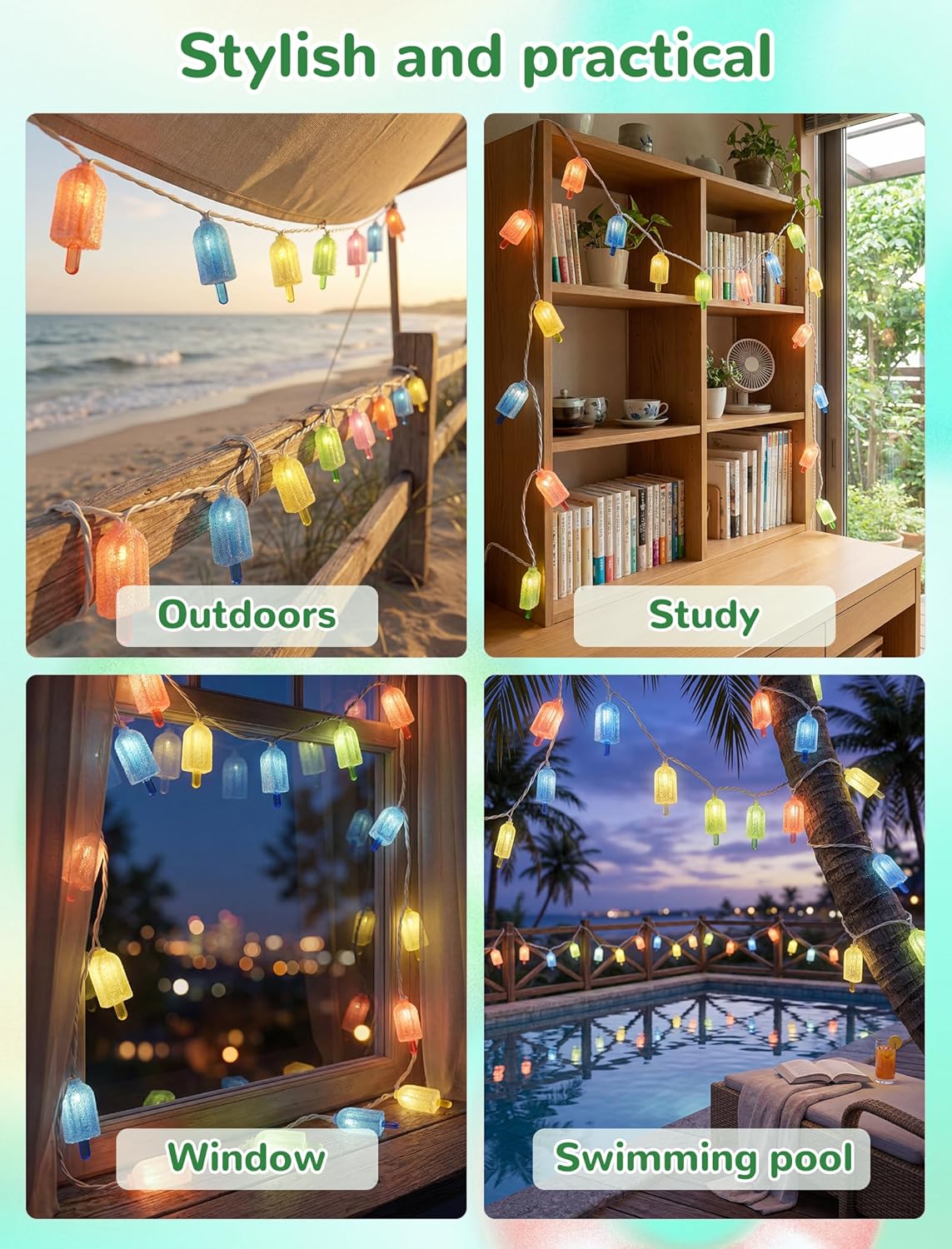 10 LED Popsicle String Lights, Multicolor Ice Cream with 10 Mini LED Bulbs, Indoor Outdoor Plug in Fairy Lights for Christmas Wedding Home Bedroom Summer Patio Decor, White Wire