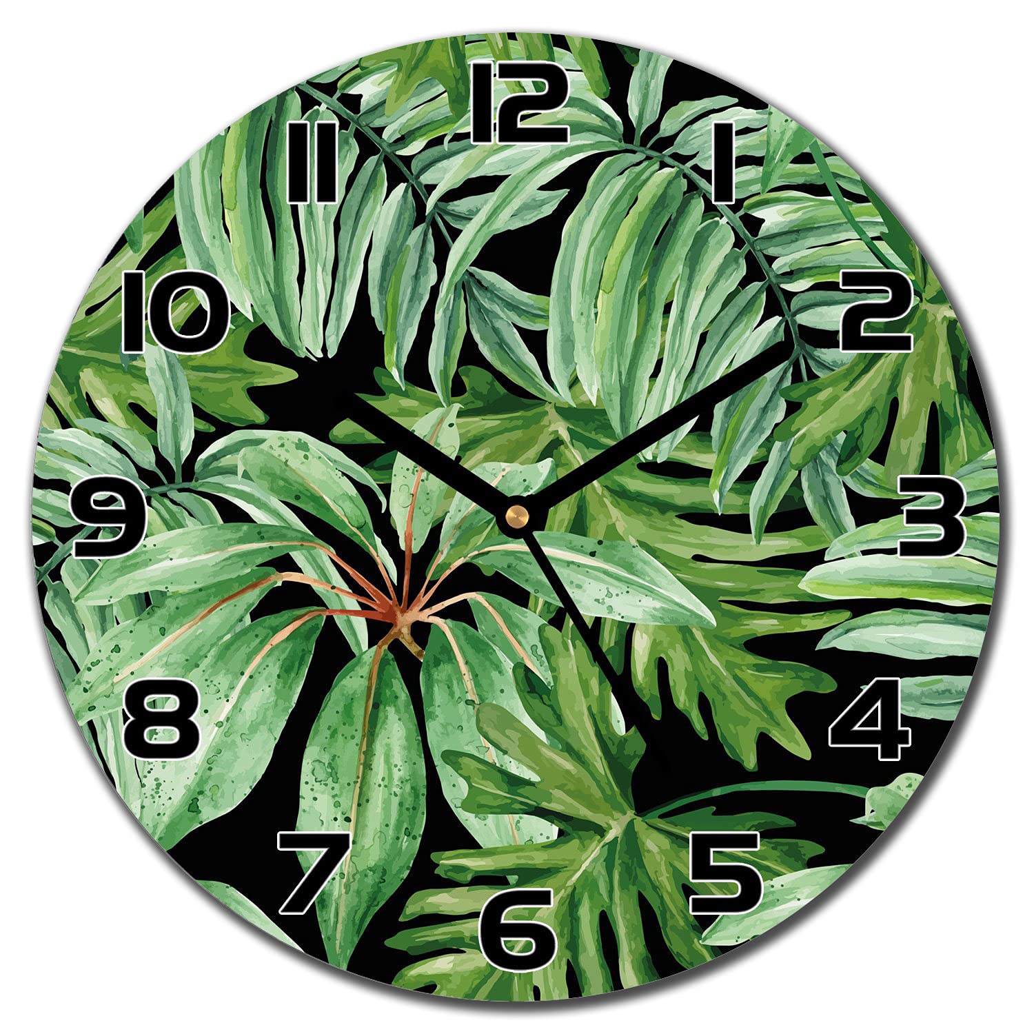 Horloge en verre 30 cm feuille de banane tropicale pour cuisine et salon moderne
