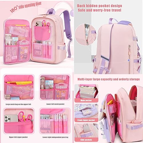 Miniatura 5 de OMGDD Mochila Kawaii de 17 pulgadas, lindas mochilas estéticas de gran capacidad, mochila escolar con linda muñeca de conejo y bolsa de almuerzo de