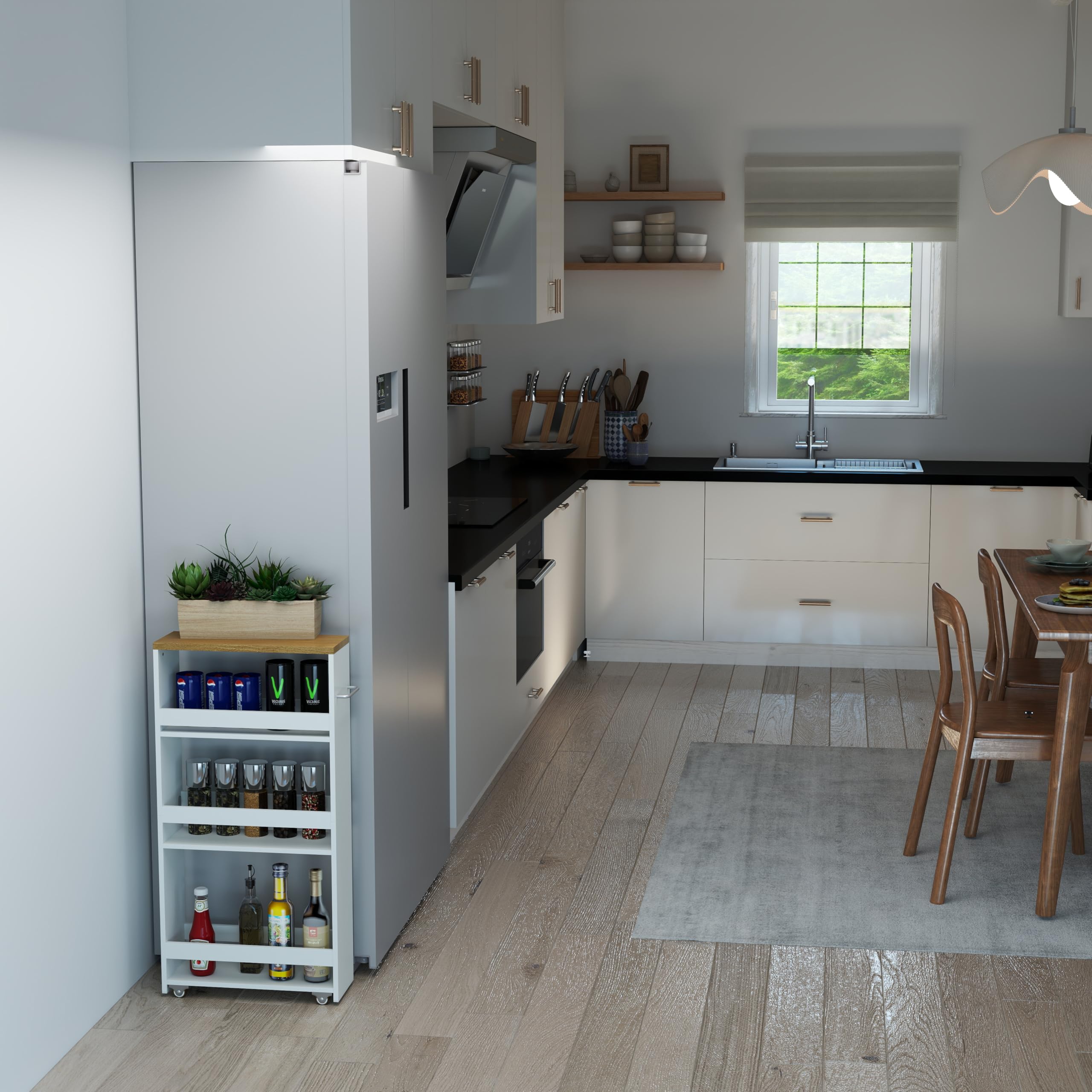 Carrito Auxiliar con Ruedas de 4 Niveles, Estante de Cocina Delgado con Asa, 40 x 80 x 14 cm, Pequeños Espacios, Baño, Lavandería, Blanco y Madera Natural, Juego de 2 Unidades