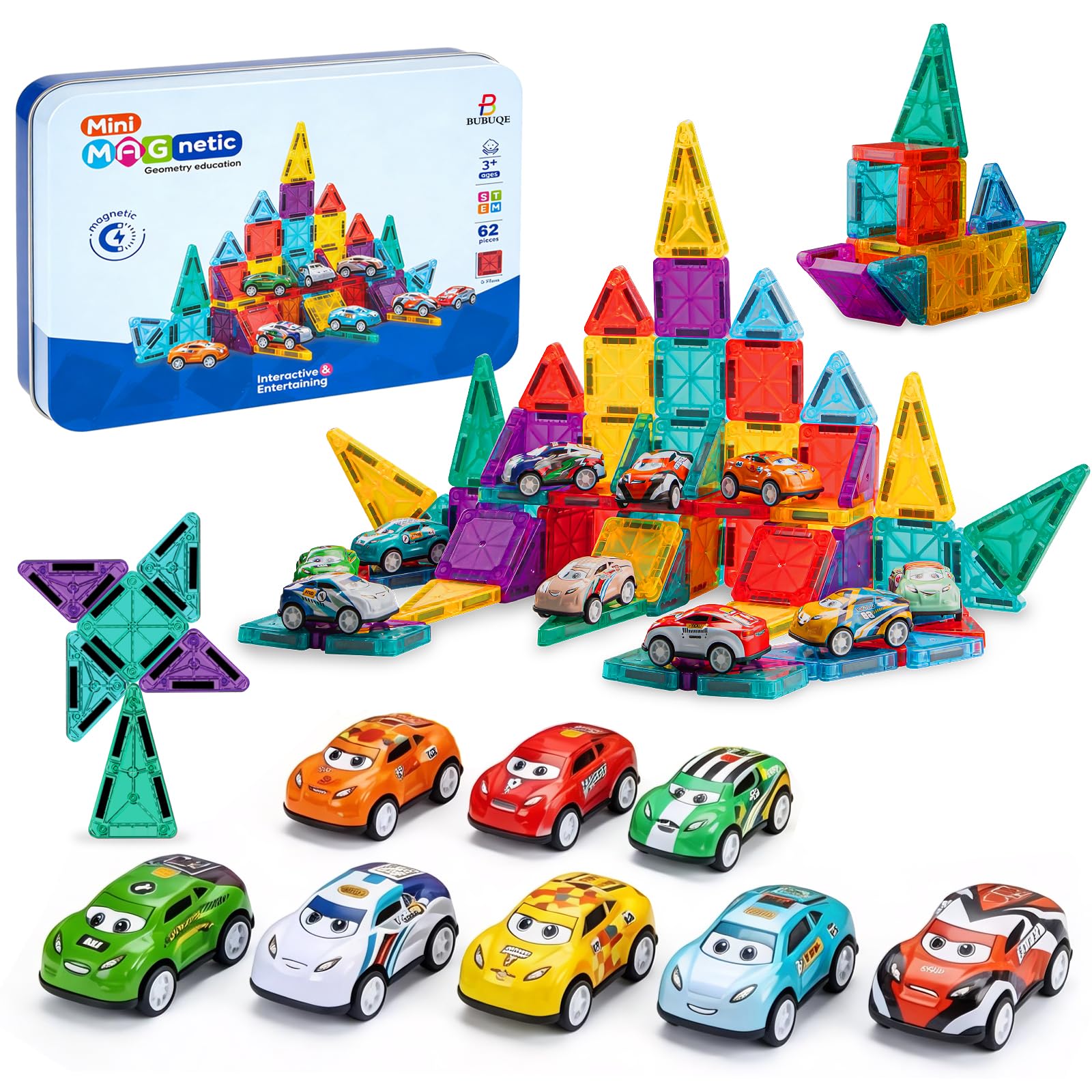 Mini Magnetic Tiles 62 PCS with 8 Metal Cars Travel Magnetic Building Tiles with Storage Box Magnet Toy for Kids STEM Educational Set Construction Toys Boys Girls Toddlers Birthday Gifts 3 4 5 6 7 8