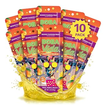 BobaVida Mango Passionfruit Boba Pearls - Popping Boba for Drinks, Desserts & Food Toppings - Non-GMO Fruit Boba Pearls - 3oz Each, 10 Boba Packets with Straws