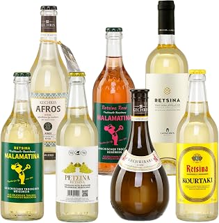 Griechischer Retsina trocken 2x 0,75l & 5x 0,5l Probierset | Geharzte Weißweine aus Griechenland | Griechisches Weinpaket