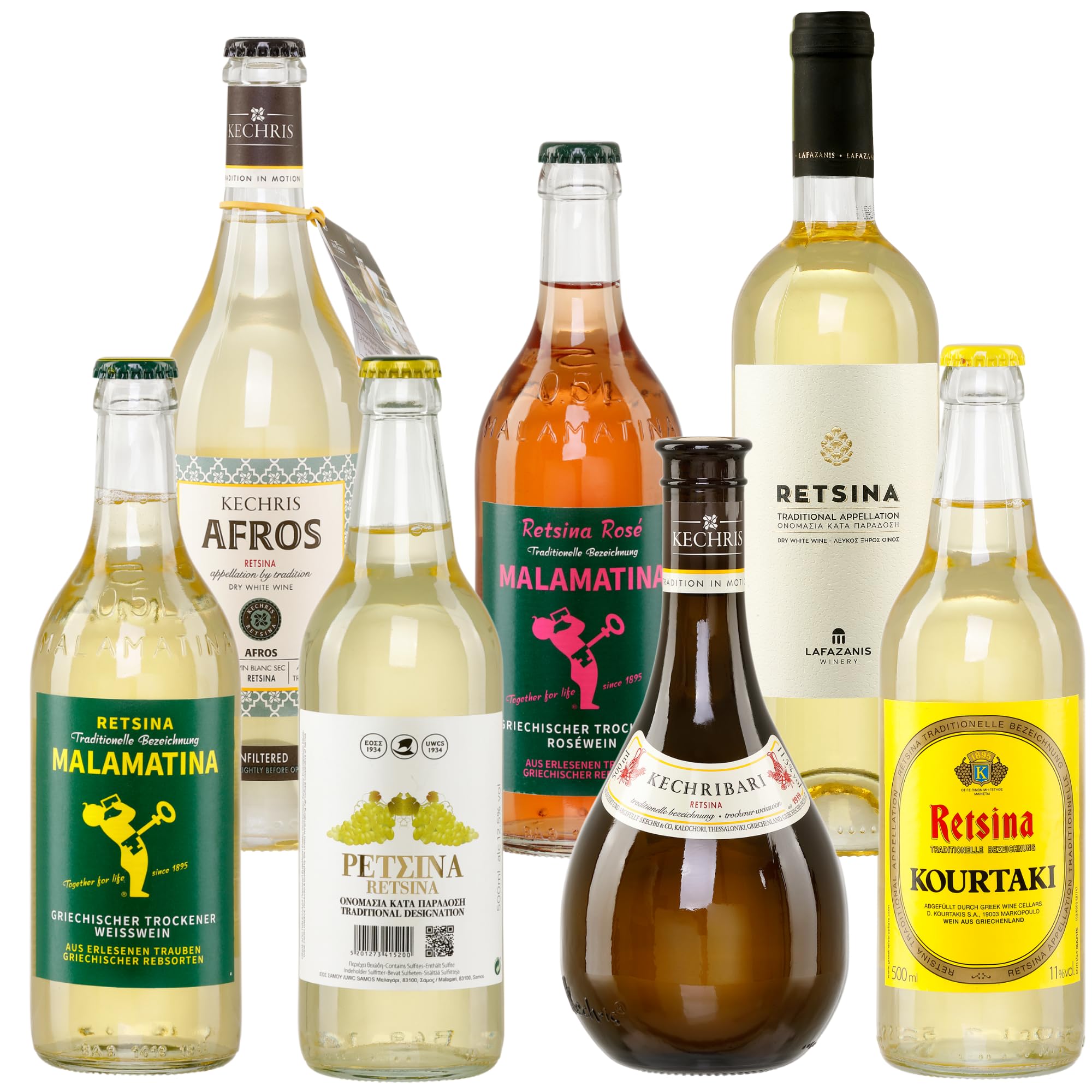 Griechischer Retsina trocken 2x 0,75l & 5x 0,5l Probierset | Geharzte Weißweine aus Griechenland | Griechisches Weinpaket