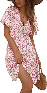 FENSACE Womens Sundress Summer Floral Short Sleeve Wrap V Neck A-Line Midi Dress